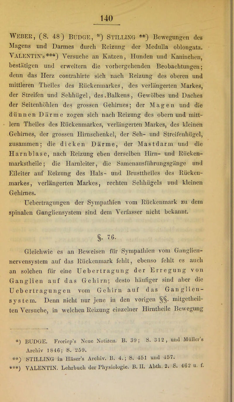 140 WebeE, (S. 48) BUDGE, StILLING Bewegungen des Magens und Darmes durch Reizung der Medulla oblongaEi. VaLENTIN’s*) * ***) Versuche an Katzen, Hunden und Kaninchen, bestätigen und erweitern die vorhergehenden Beobachtungen; denn das Herz contrahirte sich nacli Reizung des oberen und mittleren Theiles des Rückenmarkes, des verlängerten Markes, der Streifen und Sehhiigel, des .Balkens, Gewölbes und Daches der Seitenhöhlen des grossen Gehirnes; der Mage n und die dünnen Därme zogen sich nach Reizung des obern und mitt- lern Theiles des Rückenmarkes, verlängerten Markes, des kleinen Gehirnes, der grossen Hirnschenkel, der Seh- und Streifenhügel, zusammen; die dicken Därme, der Mastdarm und die Harnblase, nach Reizung eben derselben Hirn- und Rücken- markstheile; die Harnleiter, die Samenausführungsgängc und Eileiter auf Reizung des Hals- und Brusttheiles des Rücken- markes, verlängerten Markes, rechten Sehhügcls und kleinen Gehirnes. Uebertragungen der Sympathien vom Rückenmark zu dem spinalen Gangliensystem sind dem Verfasser nicht bekannt. §• 76. Gleichwie es an Beweisen für Sympathien vom Ganglien- nervensystem auf das Rückenmark fehlt, ebenso fehlt cs auch an solchen für eine Uebertragung der Erregung von Ganglien auf das Gehirn; desto häufiger sind aber die Uebertragungen vom Gehirn auf das Ganglien- system. Denn nicht nur jene in den vorigen §§. mitgetheil- ten Versuche, in welchen Reizung einzelner Hirntheile Bewegung *) BUDGE. Froriep’s Neue Notizen. B. 39; S. 312, und Müllers Archiv 1846; S. 259. STILLING in lläsor’s Archiv. B. 4.; ö. 451 und 457.