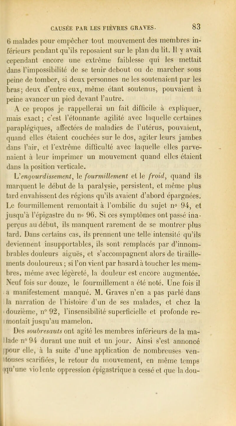 6 malades pour empêcher tout mouvement des membres in- férieurs pendant qu’ils reposaient sur le plan du lit. H y avait cependant encore une extrême faiblesse qui les mettait dans l’impossibilité de se tenir debout ou de marcher sous peine de tomber, si deux personnes ne les soutenaient par les bras; deux d’entre eux, même étant soutenus, pouvaient à peme avancer un pied devant l’autre. A ce propos je rappellerai un fait difficile à expliquer, mais exact ; c’est l’étonnante agilité avec laquelle certaines paraplégiques, affectées de maladies de l’utérus, pouvaient, quand elles étaient couchées sur le dos, agiter leurs jambes dans l’air, et l’extrême difficulté avec laquelle elles parve- naient à leur imprimer un mouvement quand elles étaient dans la position verticale. \Jengourdissement, le fourmillement et le froid, quand ils marquent le début de la paralysie, persistent, et même plus tard envahissent des régions qu’ils avaient d’abord épargnées. Le fourmillement remontait à l’ombilic du sujet n» 94, et jusqu’à l’épigastre du no 96. Si ces symptômes ont passé ina- perçus au début, ils manquent rarement de se montrer plus tard. Dans certains cas, ils prennent une telle intensité qu’ils I deviennent insupportables, ils sont remplacés par d’innom- brables douleurs aiguës, et s’accompagnent alors de tir aille- ments douloureux ; si l’on vient par hasard à toucher les mem- bres, même avec légèreté, la douleur est encore augmentée. Neuf fois sur douze, le fourmillement a été noté. Une fois il a manifestement manqué. M. Graves n’en a pas parlé dans la narration de l’histoire d’un de ses malades, et chez la douzième, n“ 92, l’insensibilité superficielle et profonde re- montait jusqu’au mamelon. Des somhresauts ont agité les membres inférieurs de la ma- lade n® 94 durant une nuit et un jour. Ainsi s’est annoncé f)Our elle, à la suite d’une application de nombreuses ven- I touses scarifiées, le retour du mouvement, en même temps ! qu’une violente oppression épigastrique a cessé et que la don-