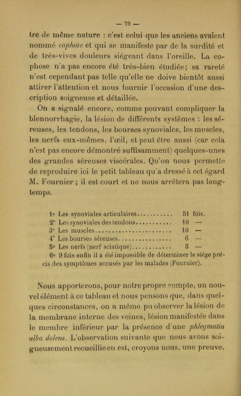 tre de même nature : e’est celui que les anciens avaient nommé cophose et qui se manifeste par de la surdité et de très-vives douleurs siég-eant dans l’oreille. La co- phose n’a pas encore été très-bien étudiée; sa rareté n’est cependant pas telle qu’elle ne doive bientôt aussi attirer l’attention et nous fournir l’occasion d’une des- cription soig'neuse et détaillée. On a sig’nalé encore, comme pouvant compliquer la blennorrhag'ie, la lésion de différents systèmes : les sé- reuses, les tendons, les bourses synoviales, les muscles, les nerfs eux-mêmes, l’œil, et peut être aussi (car cela n’est pas encore démontré suffisamment) quelques-unes des g:randes séreuses viscérales. Qu’on nous permette de reproduire ici le petit tableau qu’a dressé à cet ég'ard M. Fournier ; il est court et ne nous arrêtera pas long*- temps. l» Les synoviales articulaires 51 fois. 2 Les synoviales des tendons 10 — 3“ Les muscles 10 — 4 Les bourses séreuses 6 — 5° Les nerfs (nerf sciatique) 5 — 6° 9 fois enfin il a été impossible de déterminer le siège pré- cis des symptômes accusés par les malades (Fournier). Nous apporterons, pour notre propre compte, un nou- vel élément à ce tableau et nous pensons que, dans quel- ques circonstances, on a même pu observer la lésion de la membrane interne des veines, lésion manifestée dans le membre inférieur par la présence d’une phlegmatia ülba dolens. L’observation suivante que nous avons soi- g’neusement recueillie en est, croyons nous, une preuve.