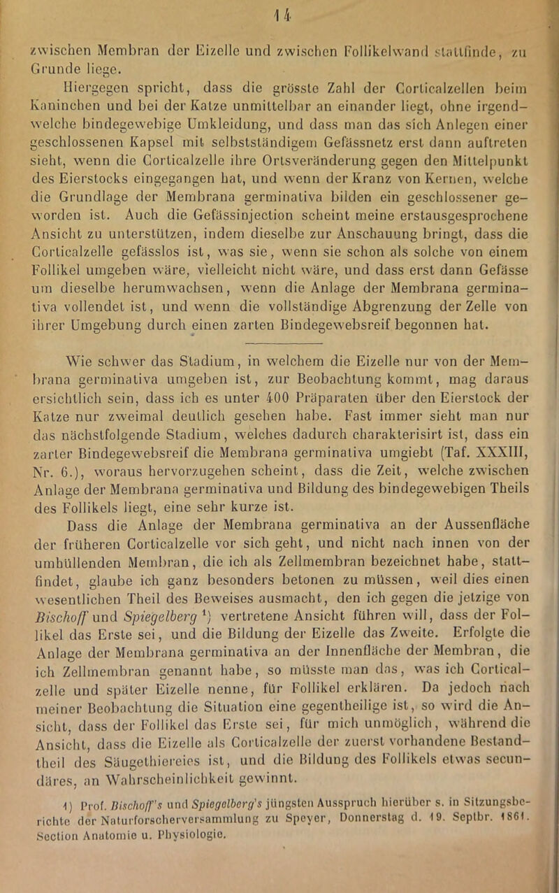 zwischen Membran der Eizelle und zwischen Follikelwand slallfinde, zu Grunde liege. Hiergegen spricht, dass die grösste Zahl der Corticalzellen beim Kaninchen und bei der Katze unmittelbar an einander liegt, ohne irgend- welche bindegewebige ümkleidung, und dass man das sich Anlegen einer geschlossenen Kapsel mit selbstständigem Gefässnetz erst dann auftreten sieht, wenn die Corticalzelle ihre Orlsveränderung gegen den Mittelpunkt des Eierstocks eingegangen hat, und wenn der Kranz von Kernen, welche die Grundlage der Membrana germinativa bilden ein geschlossener ge- worden ist. Auch die Gefässinjection scheint meine erstausgesprochene Ansicht zu unterstützen, indem dieselbe zur Anschauung bringt, dass die Corticalzelle gefässlos ist, was sie, w'enn sie schon als solche von einem Follikel umgeben wäre, vielleicht nicht wäre, und dass erst dann Gefässe um dieselbe herumwachsen, wenn die Anlage der Membrana germina- tiva vollendet ist, und w'enn die vollständige Abgrenzung der Zelle von ihrer Umgebung durch einen zarten Bindegewebsreif begonnen hat. Wie schwer das Stadium, in welchem die Eizelle nur von der Mem- brana germinativa umgeben ist, zur Beobachtung kommt, mag daraus ersichtlich sein, dass ich es unter 400 Präparaten über den Eierstock der Katze nur zweimal deutlich gesehen habe. Fast immer sieht man nur das nächstfolgende Stadium, welches dadurch charakterisirt ist, dass ein zarter Bindegewebsreif die Membrana germinativa umgiebt (Taf. XXXlll, Nr. 6.), woraus hervorzugehen scheint, dass die Zeit, welche zwischen Anlage der Membrana germinativa und Bildung des bindegewebigen Theils des Follikels liegt, eine sehr kurze ist. Dass die Anlage der Membrana germinativa an der Aussenfläche der früheren Corticalzelle vor sich geht, und nicht nach innen von der umhüllenden Membran, die ich als Zellmembran bezeichnet habe, slalt- findet, glaube ich ganz besonders betonen zu müssen, weil dies einen wesentlichen Theil des Beweises ausmacht, den ich gegen die jetzige von BischofJ' und Spiegelberg vertretene Ansicht führen will, dass der Fol- likel das Erste sei, und die Bildung der Eizelle das Zweite. Erfolgte die Anlage der Membrana germinativa an der Innenfläche der Membran, die ich Zellmembran genannt habe, so müsste man das, was ich Corlical- zelle und später Eizelle nenne, für Follikel erklären. Da jedoch nach meiner Beobachtung die Situation eine gegentheilige ist, so wird die An- sicht, dass der Follikel das Erste sei, für mich unmöglich, während die Ansicht, dass die Eizelle als Corticalzelle der zuerst vorhandene Bestand- theil des Säugethiei'eios ist, und die Bildung des Follikels etwas secun- däres, an Wahrscheinlichkeit gewinnt. 1) Prof. Bischolf's luul Spfefl'cZöcrff’s jüngsten Ausspruch hierüber s. in Sitzungsbe- richte der Noturforscherversammlung zu Speyer, Donnerstag d. 19. Septbr. 1861. Section Anatomie u. Physiologie.