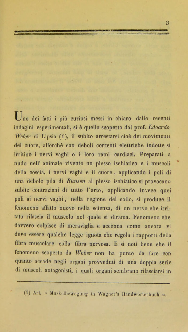 Uno dei falli i più curiosi messi in chiaro dalle recenii indagini esperimenlali, si è quello scoperlo dal prof. Edoardo Weber di Lipsia (4), il subilo arreslarsi cioè dei movimenii del cuore, allorché con deboli correnli elettriche indotte si irritino i nervi vaghi o i loro rami cardiaci. Preparali a nudo nell’ animale vivente un plesso ischiatico e i muscoli della coscia, i nervi vaghi e il cuore , applicando i poli di una debole pila di Bunsen al plesso ischiatico si provocano subite contrazioni di tutto Tarlo, applicando invece quei poli ai nervi vaghi, nella regione del collo, si produce il fenomeno affatto nuovo nella scienza, di un nervo che irri- talo rilascia il muscolo nel quale si dirama. Fenomeno che davvero colpisce di meraviglia e accenna come ancora vi deve essere qualche legge ignota che regola i rapporti della fibra muscolare colla fibra nervosa. E si noli bene che il fenomeno scoperlo da Weber non ha punto da fare con quanto accade negli organi provveduti di una doppia serie di muscoli antagonisti, i quali organi sembrano rilasciarsi in (1) Art, « Miiskdlicwcijmnj in Wagiier’s IIandwyrlori)Uclì »».
