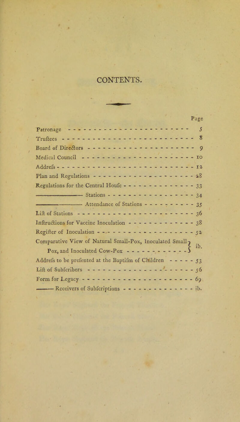 CONTENTS. Page Patronage — - — - - — j Truftees 8 Board of Diredlors - -- — - — o / Medical Council — - - — lo Addrefs - — - - la Plan and Regulations - — - Regulations for the Central Houfe — — -33 Stations 34 ■ Attendance of Stations - — - -- -- -- 3S Lift of Stations - -- -- -- -- -- -- -- -- -- -- — 36 Inftrucftlons for Vaccine Inoculation - — — - --38 Regifter of Inoculation - --- - -- -- -- -- — --jZ Comparative View of Natural Small-Pox, Inoculated Small t C Pox, and Inoculated Cow-Pox - - — - -- -- -- -3 Addrefs to be prefented at the Baptifm of Children ----- 53 Lift of Subferibers — —*— — - -56 69 ib. Form for Legacy Receivers of Subferiptions
