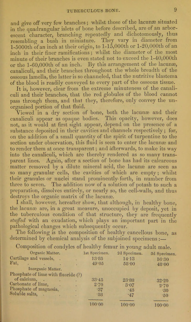 and cfive off very few branches; whilst tliose of the lacuna situated in the quadrangular islets of bone before described, are of an arbor- escent character, branching repeatedly and dichotomously, thus resembling a bush in miniature. They vary in diameter from l-5000th of an inch at their origin, to l-15,000th or 1-20,000th of an inch in their finer ramifications; whilst the diameter of the most minute of their branches is even stated not to exceed the 1-40,000th or the l-60,000th of an inch. By this arrangement of the lacunae, canaliculi, and their branches throughout the whole breadth of the osseous lamella, the latter is so channeled, that the nutritive blastema of the blood is readily conveyed to every part of the osseous tissue. It is, however, clear from the extreme minuteness of the canali- culi and their branches, that the red globules of the blood cannot pass through them, and that they, therefore, only convey the un- organised portion of that fluid. Viewed in a dry section of bone, both the lacunae and their canaliculi appear as opaque bodies. This opacity, however, does not, as it would at first sight appear, depend on the presence of a substance deposited in their cavities and channels I’espectively ; for, on the addition of a small quantity of the spirit of turpentine to the section under observation, tliis fluid is seen to enter the lacunae and to render them at once transparent; and afterwards, to make its way into the canaliculi, which are thereby rendered as so many trans- parent lines. Again, after a section of bone has had its calcareous matter removed by a dilute mineral acid, the lacunas are seen as so many granular cells, the cavities of which are empty; whilst their granules or nuclei stand prominently-forth, in number from three to seven. The addition now of a solution of potash to such a preparation, dissolves entirely, or nearly so, the cell-walls, and thus destroys the organic matrix of the lacunae. I shall, however, hereafter show, that although, in healthy bone, the lacunae are, in a great measure, unoccupied by deposit, yet in the tuberculous condition of that structure, they are frequently stuffed with an exudation, which plays an important part in the pathological changes which subsequently occur. The following is the composition of healthy cancellous bone, as determined by chemical analysis of the subjoined specimens :— Composition of condyles of healthy femur in young adult male. Organic Matter. 1st Specimen. 2d Specimen. 3d Specimen. Cartilage and vessels, . I3-85 1413 16-30 Fat, 49 05 68-00 48-00 Inorganic Matter. Phosphate of lime with fluoride (?) of calcium, 33-45 23-08 32-20 Carbonate of lime, 2-70 3-07 2-70 Phosphate of magnesia, •37 •45 •30 Soluble salts, . •60 •47 •60 100-00 100-00 100-00