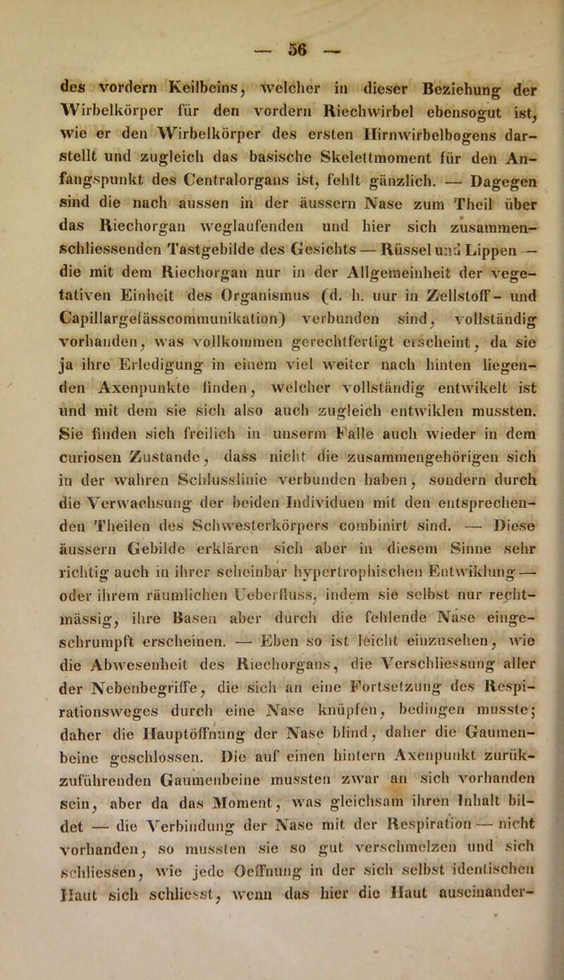 des vordem Keilbeins, welcher in dieser Beziehung der Wirbelkörper für den vordem Rieclnvirbel ebensogut ist, wie er den Wirbelkörper des ersten Hirnwirbelbogens dar- stellt und zugleich das basische Skelettmoment für den An- fangspunkt des Centralorgans ist, fehlt gänzlich. — Dagegen sind die nach aussen in der äussern Nase zum Theil über das Riechorgan weglaufenden und hier sich zusammen- schliessonden Tastgebilde des Gesichts — Rüssel und Lippen — die mit dem Riechorgan nur in der Allgemeinheit der vege- tativen Einheit des Organismus (d. h. uur in Zellstoff - und Capillargefässcommunikation) verbunden sind, vollständig vorhanden, was vollkommen gerechtfertigt erscheint, da sie ja ihre Erledigung in einem viel weiter nach hinten liegen- den Axenpunkte finden, welcher vollständig entwikelt ist und mit dem sie sich also auch zugleich entwiklen mussten. Sie finden sich freilich in unserm Falle auch wieder in dem curiosen Zustande, dass nicht die zusammengehörigen sich in der wahren Schlusslinie verbunden haben, sondern durch die Verwachsung der beiden Individuen mit den entsprechen- den Theilen des Schwesterkörpers combinirt sind. — Diese äussern Gebilde erklären sich aber in diesem Sinne sehr richtig auch in ihrer scheinbar hypertrophischen Entwiklung — oder ihrem räumlichen Ueberfluss, indem sie selbst nur recht- mässig, ihre Basen aber durch die fehlende Nase einge- schrumpft erscheinen. — Eben so ist leicht einzusehen, wie die Abwesenheit des Riechorgans, die Verscldiessung aller der Nebenbegriffe, die sich an eine Fortsetzung des Respi- rationsweges durch eine Nase knüpfen, bedingen musste; daher die Ilauptöffnung der Nase blind, daher die Gaumen- beine geschlossen. Die auf einen hintern Axenpunkt zurük- zuführenden Gaumenbeine mussten zwar an sich vorhanden sein, aber da das Moment, was gleichsam ihren Inhalt bil- det — die Verbindung der Nase mit der Respiration — nicht vorhanden, so mussten sie so gut verschmelzen und sich schliessen, wie jede Oeffnung in der sich selbst identischen Haut sich schliesst, wenn das hier die Haut auseinander-