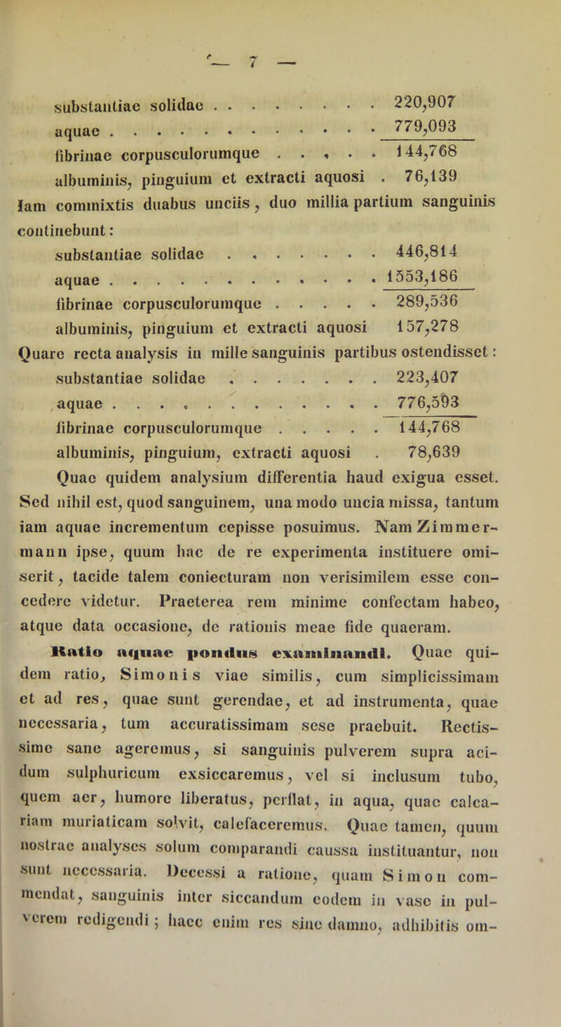 substantiae solidae 220,907 aquae 779,093 iibriiiae corpusculonimque , . , . . 144,768 albuminis, pinguium et extracti aquosi . 76,139 lam commixtis duabus unciis, duo millia partium sanguinis continebunt: substantiae solidae . 446,814 aquae 1553,186 librinae corpusculorumque 289,536 albuminis, pinguium et extracti aquosi 157,278 Quare recta analysis in mille sanguinis partibus ostendisset: substantiae solidae 223,407 , aquae 776,593 librinae corpusculorumque 144,768 albuminis, pinguium, extracti aquosi . 78,639 Quae quidem analysium differentia haud exigua esset. Sed nihil est, quod sanguinem, una modo uncia missa, tantum iam aquae incrementum cepisse posuimus. NamZiramer- mann ipse, quum hac de re experimenta instituere omi- serit , tacide talem coniecturam non verisimilem esse con- cedere videtur. Praeterea rem minime confectam habeo, atque data occasione, de rationis meae fide quaeram. Itatio aquae |»oii«liits exaininamll. Quae qui- dem ratio, Simonis viae similis, cum simplicissimam et ad res, quae sunt gerendae, et ad instrumenta, quae necessaria, tum accuratissimam sese praebuit. Rectis- •sime sane ageremus, si sanguinis pulverem supra aci- dum sulphuricum exsiccaremus, vel si inclusum tubo, quem aer, humore liberatus, perflat, in aqua, quae calca- riam muriaticam solvit, calefaceremus, Quae tamen, quum no.strac analyses solum comparandi caussa instituantur, non sunt nece.ssaria. Decessi a ratione, quam Sinion com- mendat, sanguinis inter .siccandum eodem in vase in pul- verem redigendi; haec enim res .sine damno, adhibitis om-