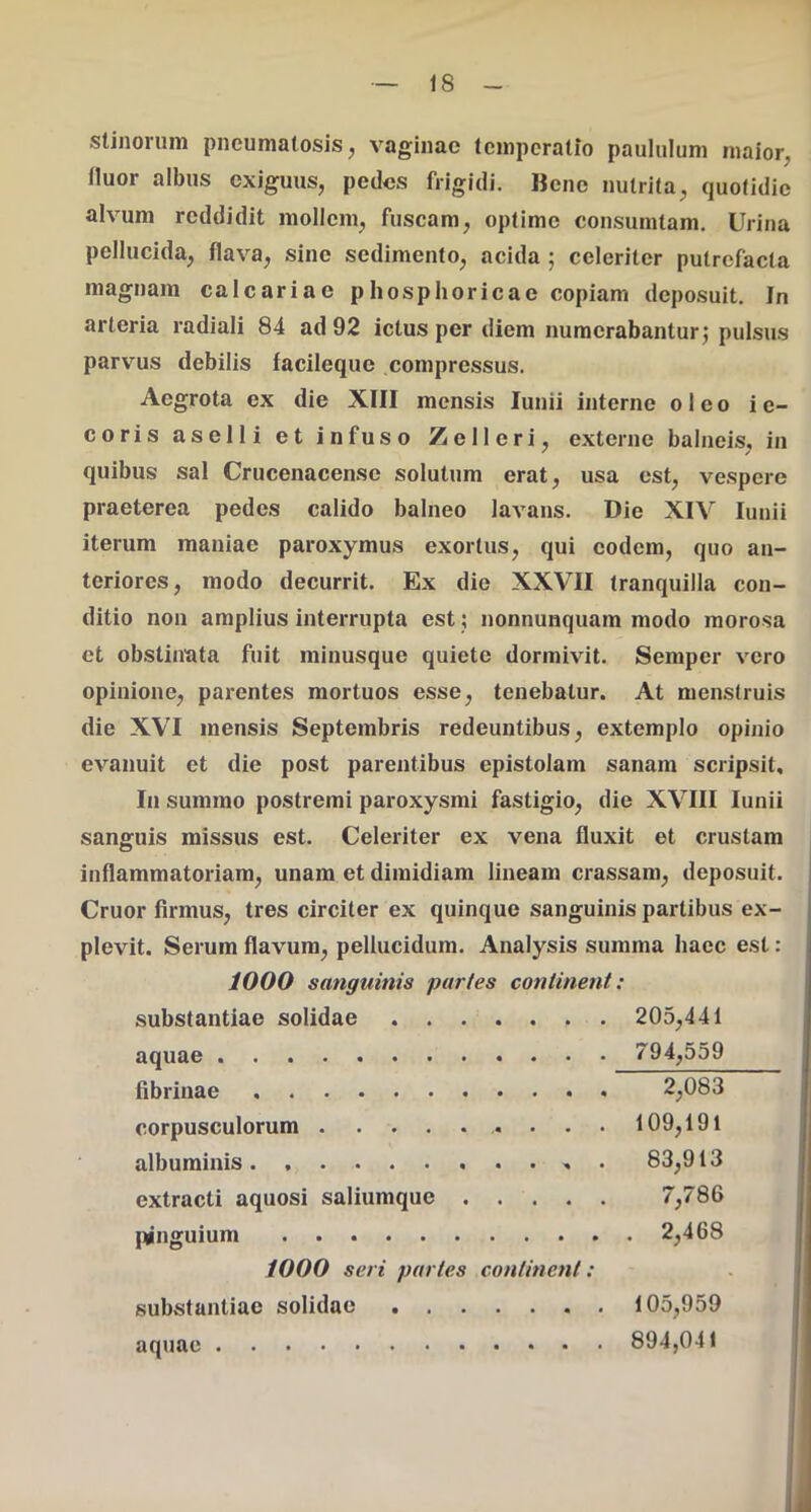 stinonim pneumalosis, vaginae temperatio paululum maior, fluor albus exiguus, pedes frigidi. Bene nutrita, quotidie alvum reddidit mollem, fuscam, optime consumtam. Urina pellucida, flava, sine sedimento, acida ; celeriter putrefacta magnam calcariae phosphoricae copiam deposuit. In arteria radiali 84 ad 92 ictus per diem numerabantur^ pulsus parvius debilis facileque compressus. Aegrota ex die XIII mensis lunii interne oleo i e- coris aselli et infuso Zelleri, externe balneis, in quibus sal Crucenacense solutum erat, usa est, vespere praeterea pedes calido balneo lavans. Die XIV lunii iterum maniae paroxymus exortus, qui eodem, quo an- teriores, modo decurrit. Ex die XXVII tranquilla con- ditio non amplius interrupta est; nonnunquam modo morosa et obstinata fuit minusque quiete dormivit. Semper vero opinione, parentes mortuos esse, tenebatur. At menstruis die XVI mensis Septembris redeuntibus, extemplo opinio evanuit et die post parentibus epistolam sanam scripsit. In summo postremi paroxysmi fastigio, die XVIII lunii sanguis missus est. Celeriter ex vena fluxit et crustam inflammatoriam, unam et dimidiam lineam crassam, deposuit. Cruor firmus, tres circiter ex quinque sanguinis partibus ex- plevit. Serum flavum, pellucidum. Analysis summa haec est: iOOO sanguinis paries continent: substantiae solidae 205,441 aquae 794,559 fibrinae corpusculorum albuminis extracti aquosi saliumque . . pinguium 2,083 109,191 83,913 7,786 2,468 1000 seri partes continent: substantiae solidae aquae 105,959 894,041