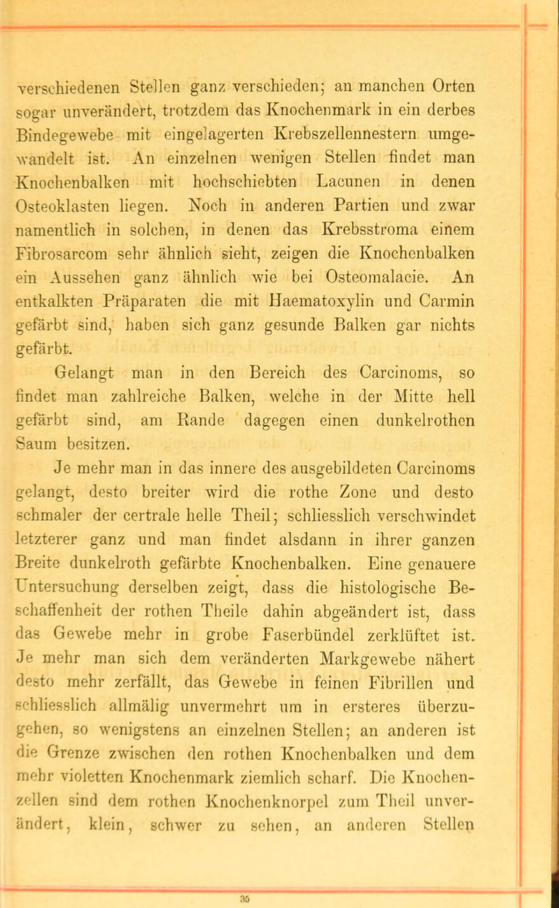 •verschiedenen Stellen ganz verschieden; an manchen Orten sogar unverändert, trotzdem das Knochenmark in ein derbes Bindegewebe mit eingelagerten Krebszellennestern iimge- wandelt ist. An einzelnen wenigen Stellen findet man Knochenbalken mit hochschiebten Lacunen in denen Osteoklasten liegen. Noch in anderen Partien und zwar namentlich in solchen, in denen das Krebsstroma einem Fibrosarcom sehr ähnlich sieht, zeigen die Knochenbalken ein Aussehen ganz ähnlich wie bei Osteomalacie. An entkalkten Präparaten die mit Haematoxylin und Carmin gefärbt sind, haben sich ganz gesunde Balken gar nichts gefärbt. Gelangt man in den Bereich des Carcinoms, so findet man zahlreiche Balken, welche in der Mitte hell gefärbt sind, am Rande dagegen einen dunkelrothen Saum besitzen. Je mehr man in das innere des ausgebildeten Carcinoms gelangt, desto breiter wird die rothe Zone und desto schmaler der certrale helle Theil; schliesslich verschwindet letzterer ganz und man findet alsdann in ihrer ganzen Breite dunkelroth gefärbte Knochenbalken. Eine genauere Untersuchung derselben zeigt, dass die histologische Be- schaffenheit der rothen Theile dahin abgeändert ist, dass das Gewebe mehr in grobe Faserbündel zerklüftet ist. Je mehr man sich dem veränderten Markgewebe nähert desto mehr zerfällt, das Gewebe in feinen Fibrillen und schliesslich allmälig unvermehrt um in ersteres überzu- gehen, so wenigstens an einzelnen Stellen; an anderen ist die Grenze zwischen den rothen Knochenbalken und dem mehr violetten Knochenmark ziemlich scharf. Die Knochen- zellen sind dem rothen Knochenknorpel zum Theil unver- ändert, klein, schwer zu sehen, an anderen Stellen 3S