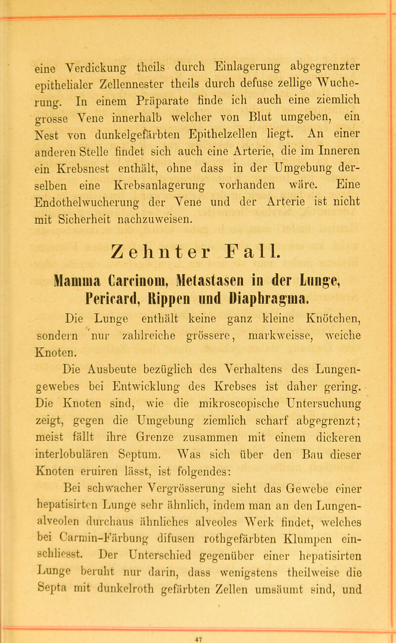 eine Verdickung thcils durch Einlagerung abgegrenzter epithelialer Zellennester theils durch defuse zeitige Wuche- rung. In einem Präparate finde ich auch eine ziemlich grosse Vene innerhalb welcher von Blut umgeben, ein Nest von dunkelgefärbten Epithelzellen liegt. An einer anderen Stelle findet sich auch eine xkrterie, die im Inneren ein Krebsnest enthält, ohne dass in der Umgebung der- selben eine Krebsanlagerung vorhanden wäre. Eine Endothel Wucherung der Vene und der Arterie ist nicht mit Sicherheit nachziiweisen. Zehnter Fall. Maiuuia Carduom, Metastasen in der Lnn^e, Pericard, Rippen und Diaphrapia. Die Lunge enthält keine ganz kleine Knötchen, sondein nur zahlreiche grössere, markweisse, weiche Knoten. Die Ausbeute bezüglich des Verhaltens des Lungen- gewebes bei Entwicklung des Krebses ist dabei’ gering. Die Knoten sind, wie die mikroscopische Untersuchung zeigt, gegen die Umgebung ziemlich scharf abgegrenzt; meist fällt ihre Grenze zusammen mit einem dickeren interlobulären Septum, Was sich über den Bau dieser Knoten eruiren lässt, ist folgendes: Bei schwacher Vergrösserung sieht das Gewebe einer hepatisirten Lunge sehr ähnlich, indem man an den Lungen- alveolen durchaus ähnliches alveoles Werk findet, welches bei Carrain-Färbung difusen rothgefärbten Klumpen ein- schliesst. Der Unterschied gegenüber einer hepatisirten Lunge beruht nur darin, dass wenigstens theilweise die Septa mit dunkelroth gefärbten Zellen umsäumt sind, und