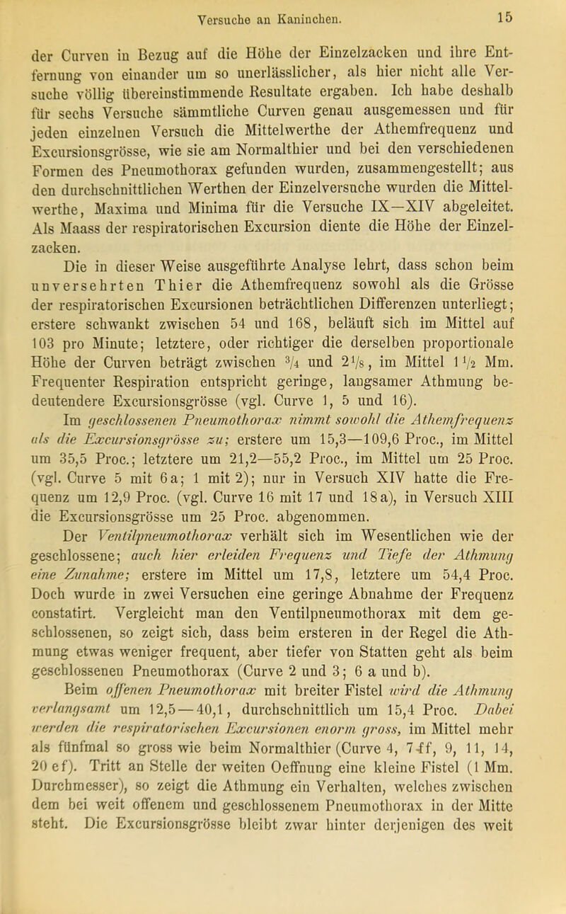 der Curven in Bezug auf die Höhe der Einzelzacken und ihre Ent- fernung von einander um so unerlässlicher, als hier nicht alle Ver- suche völlig übereinstimmende Resultate ergaben. Ich habe deshalb für sechs Versuche sämmtliche Curven genau ausgemessen und für jeden einzelnen Versuch die Mittelwerthe der Athemfrequenz und Excursionsgrösse, wie sie am Normalthier und bei den verschiedenen Formen des Pneumothorax gefunden wurden, zusammengestellt; aus den durchschnittlichen Werthen der Einzel versuche wurden die Mittel- werthe, Maxima und Minima für die Versuche IX—XIV abgeleitet. Als Maass der respiratorischen Excursion diente die Höhe der Einzel- zacken. Die in dieser Weise ausgeführte Analyse lehrt, dass schon beim unversehrten Thier die Athemfrequenz sowohl als die Grösse der respiratorischen Excursionen beträchtlichen Differenzen unterliegt; erstere schwankt zwischen 54 und 168, beläuft sich im Mittel auf 103 pro Minute; letztere, oder richtiger die derselben proportionale Höhe der Curven beträgt zwischen 3/4 und 2Vs, im Mittel 1 V2 Mm. Frequenter Respiration entspricht geringe, langsamer Athmung be- deutendere Excursionsgrösse (vgl. Curve 1, 5 und 16). Im geschlossetie?i Pneumothoraa: nimmt soioohl die Athemfrequenz als die Exciu'sionsgi'össe zu; erstere um 15,3—109,6Proc., im Mittel um 35,5 Proc.; letztere um 21,2—55,2 Proc., im Mittel um 25 Proc. (vgl. Curve 5 mit 6a; 1 mit 2); nur in Versuch XIV hatte die Fre- quenz um 12,9 Proc. (vgl. Curve 16 mit 17 und 18 a), in Versuch XIII die Excursionsgrösse um 25 Proc. abgenommen. Der Venlilpneumotho7mx verhält sich im Wesentlichen wie der geschlossene; auch hier erleiden Frequenz und Tiefe der Athmung eine Zunahme; erstere im Mittel um 17,8, letztere um 54,4 Proc. Doch wurde in zwei Versuchen eine geringe Abnahme der Frequenz constatirt. Vergleicht man den Ventilpneumothorax mit dem ge- schlossenen, so zeigt sich, dass beim ersteren in der Regel die Ath- mung etwas weniger frequent, aber tiefer von Statten geht als beim geschlossenen Pneumothorax (Curve 2 und 3; 6 a und b). Beim offenen Pneumothorax mit breiter Fistel wwd die Athmung verlangsamt um 12,5 — 40,1, durchschnittlich um 15,4 Proc. Dabei irerden die respiratorischen Excursionen enorm gross, im Mittel mehr als fünfmal so gross wie beim Normalthier (Curve 4, 74f, 9, 11, 14, 20 ef). Tritt an Stelle der weiten Oeffnung eine kleine Fistel (1 Mm. Durchmesser), so zeigt die Athmung ein Verhalten, welches zwischen dem bei weit offenem und geschlossenem Pneumothorax in der Mitte steht. Die Excursionsgrösse bleibt zwar hinter derjenigen des weit