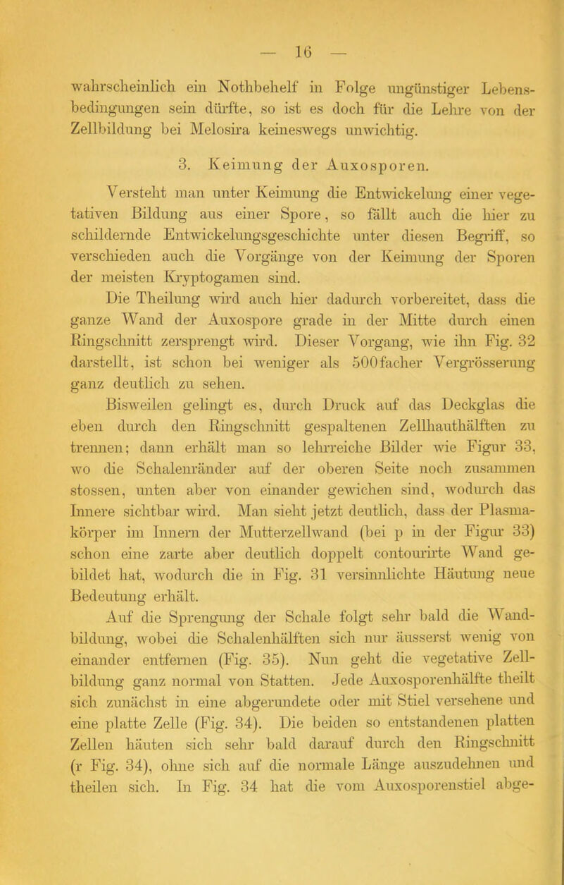 wahrscheinlich ein Nothbehelf in Folge ungünstiger Lebens- bedingungen sein dürfte, so ist es doch für die Lehre von der Zellbildung bei Melosira keineswegs unwichtig. 3. Keimung der Auxosporen. Versteht man unter Keimung die Entwickelung einer vege- tativen Bildung aus einer Spore, so fällt auch die hier zu schildernde Entwickelungsgeschichte unter diesen Begriff, so verschieden auch die Vorgänge von der Keimung der Sporen der meisten Kryptogamen sind. Die Theilung wird auch liier dadurch vorbereitet, dass die ganze Wand der Auxospore grade in der Mitte durch einen Ringschnitt zersprengt wird. Dieser Vorgang, wie ihn Fig. 32 darstellt, ist schon bei weniger als 500facher Vergrösserung ganz deutlich zu sehen. Bisweilen gelingt es, durch Druck auf das Deckglas die eben durch den Ringschnitt gespaltenen Zellhauthälften zu trennen; dann erhält man so lein-reiche Bilder wie Figur 33, wo die Schalenränder auf der oberen Seite noch zusammen stossen, unten aber von einander gewichen sind, wodurch das Innere sichtbar wird. Man sieht jetzt deutlich, dass der Plasma- körper im Innern der Mutterzellwand (bei p in der Figur 33) schon eine zarte aber deutlich doppelt contourirte Wand ge- bildet hat, wodurch die in Fig. 31 versinnlichte Häutung neue Bedeutung erhält. Auf die Sprengung der Schale folgt sehr bald die Wand- bildung, wobei die Schalenhälften sich nur äusserst wenig von einander entfernen (Fig. 35). Nun geht die vegetative Zell- bildung ganz normal von Statten. Jede Auxosporenhälfte tlieilt sich zunächst in eine abgerundete oder mit Stiel versehene und eine platte Zelle (Fig. 34). Die beiden so entstandenen platten Zellen häuten sich sehr bald darauf durch den Ringschnitt (r Fig. 34), ohne sich auf die normale Länge auszudehnen und theilen sich. In Fig. 34 hat die vom Auxosporenstiel abge-