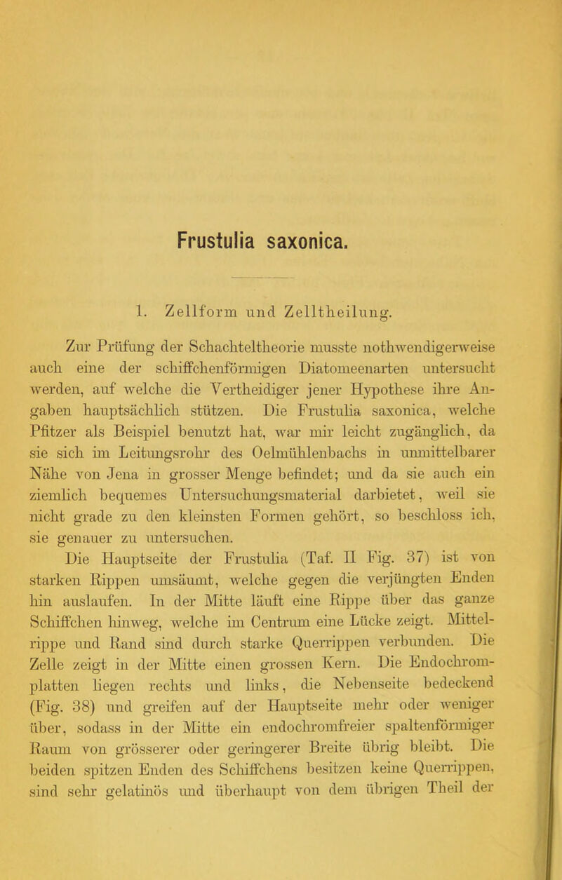 Frustulia saxonica. 1. Zellform und Zelltheilung. Zur Prüfung der Schachteltheorie musste nothwendigerweise auch eine der schiffchenförmigen Diatomeenarten untersucht werden, auf welche die Vertheidiger jener Hypothese ihre An- gaben hauptsächlich stützen. Die Frustulia saxonica, welche Pfitzer als Beispiel benutzt hat, war mir leicht zugänglich, da sie sich ün Leitungsrohr des Oelmühlenhachs in unmittelbarer Nähe von Jena in grosser Menge befindet; und da sie auch ein ziemlich bequemes Untersuchungsmaterial darbietet, weil sie nicht grade zu den kleinsten Formen gehört, so beschloss ich, sie genauer zu untersuchen. Die Hauptseite der Frustulia (Taf. H Fig. 37) ist von starken Rippen umsämnt, welche gegen die verjüngten Enden hin auslaufen. In der Mitte läuft eine Rippe über das ganze Schiffchen hinweg, welche im Centrum eine Lücke zeigt. Mittel- rippe und Rand sind durch starke Querrippen verbunden. Die Zelle zeigt in der Mitte einen grossen Kern. Die Endochrom- platten liegen rechts und links, die Nebenseite bedeckend (Fig. 38) und greifen auf der Hauptseite mehr oder weniger über, sodass in der Mitte ein endochromfreier spaltenförmiger Raum von grösserer oder geringerer Breite übrig bleibt. Die beiden spitzen Enden des Schiffchens besitzen keine Querrippen, sind sehr gelatinös und überhaupt von dem übrigen Theil der