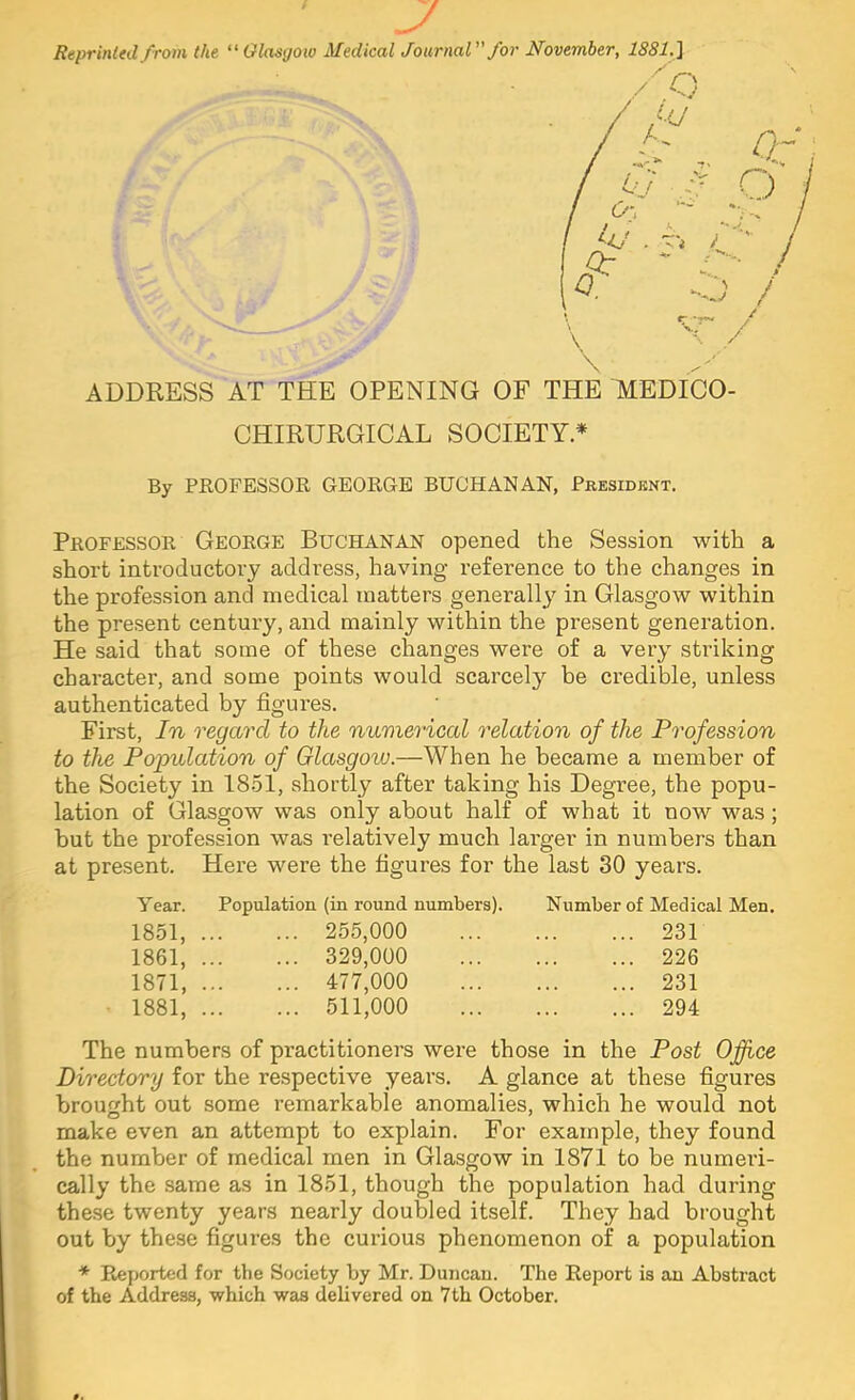 ReprinUd from the “ Glasgow Medical JoarnaV' for November, 1881,} \ J / / / ADDRESS AT THE OPENING OF THE MEDICO- CHIRURGICAL SOCIETY* By PROFESSOR GEORGE BUCHANAN, President. Professor George Buchanan opened the Session with a short introductory address, having reference to the changes in the profession and medical matters generallj’^ in Glasgow within the present century, and mainly within the present generation. He said that some of these changes were of a very striking character, and some points would scarcely be credible, unless authenticated by figures. First, In regard to the numerical relation of the Profession to the Population of Glasgoiu.—When he became a member of the Society in 1851, shortly after taking his Degree, the popu- lation of Glasgow was only about half of what it now was; but the profession was I’elatively much larger in numbers than at present. Here were the figures for the last 30 years. Year. Population {in round numbers). Number of Medical 1851, 255,000 231 1861, 329,000 226 1871, 477,000 231 1881, 511,000 294 The numbers of practitioners were those in the Post Office Directory for the re.spective years. A glance at these figures brought out some remarkable anomalies, which he would not make even an attempt to explain. For example, they found the number of medical men in Glasgow in 1871 to be numeri- cally the same as in 1851, though the population had during these twenty years nearly doubled itself. They had brought out by these figures the curious phenomenon of a population * Reported for the Society by Mr. Duiicau. The Report is an Abstract of the Address, which was delivered on 7th October.