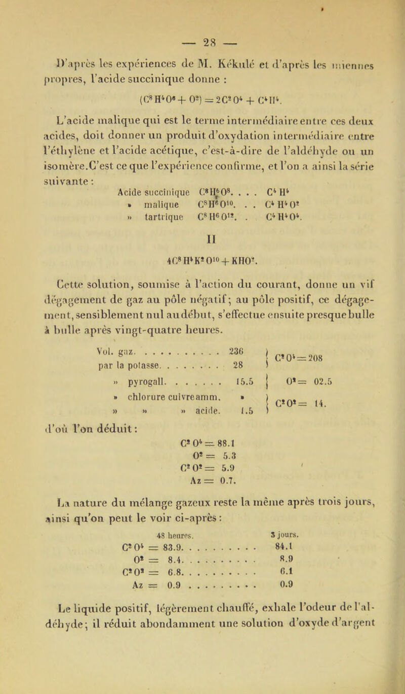 n’jiprcs les expériences de M. Kékiilc el d’après les mionnes pro])res, l’acide succinique donne : (C»H‘0«+0*) = 2G*0* 4- CMI^ L'acide maliquequi est le tenue intermédiaire entre ces deux acides, doit donner un produit d’oxydation intermédiaire entre l’éthylène et l’acide acétique, c’est-à-dire de l’aldéhyde ou un isomère.C’est ce que l’expérience conlirme, et l’on a ainsi la série suiv'ante ; Acide succinique ... G* H* » inalique G*H'’0'®. . . G*H*0* » tartriquc G**H®0**. . G* H*O*. Il 4G»H*K*O>0-|-KHO^ Cette solution, soumise à l’action du courant, donne un vif dégagement de gaz au pôle négatif; au pôle positif, ce dégage- ment, sensiblement nul au début, s’effectue ensuite presquebulle à h\dle après vingt-quatre heures. Vol. gaz 236 par la potasse 28 » pyrogall 15.5 • chlorure cuivreamm. » » » » acide. 1.5 d’où l’on déduit ; G* 0®r=.88.1 0*= 5.3 G*0*= 5.9 Az= 0.7. La nature du mélange gazeux reste la même après trois jours, ainsi qu'on peut le voir ci-après: 48 heures. S jours. G*0» = 83.9 84.1 0» = 8.4 8.9 G*0* = 6.8 6.1 Az = 0.9 0.9 Le liquide positif, légèrement chauffé, exhale l’odeur de l'al- déhyde; il réduit abondamment une solution d’oxyde d’argent I G»0‘ = 208 { Ü*= 02.5 j G*0*= ti.