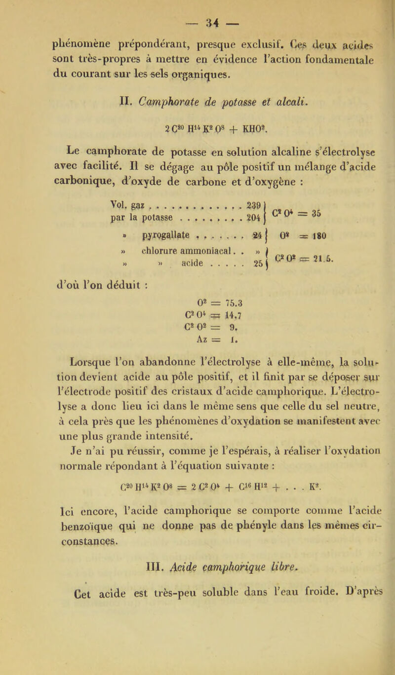phénomène prépondérant, presque excliisil. Ges deux acides sont très-propres à mettre en évidence l’action fondamentale du courant sur les sels organiques. II. Camphorate de potasse et alcali. 2CS0 RI* K* 08 + KHO*. Le camphorate de potasse en solution alcaline s’électrolyse avec facilité. Il se dégage au pôle positif un mélange d’acide carbonique, d’oxyde de carbone et d’oxygène : Vol. gaz par la potasse » pyrogallate » chlorure ammoniacal. . » » acide 239) 204) = 24) 08 = 180 d’où l’on déduit ; 0* = 75.3 G* 04 = 14.7 G* O* = 9. Âz = 1. Lorsque l’on abandonne l’électrolyse à elle-même, la solu- tion devient acide au pôle positif, et il finit par se déposer sur l’électrode positif des cristaux d’acide camphorique. L’électro- lyse a donc lieu ici dans le même sens que celle du sel neutre, à cela près que les phénomènes d’oxydation se manifestent avec une plus grande intensité. .Te n’ai pu réussir, comme je l’espérais, à réaliser l’oxydation normale répondant à l’équation suivante : QSORUKîOs = 2G*04 H- G»6Hi* + . . . Rs. Ici encore, l’acide camphorique se comporte comme l’acide benzoïque qui ne donne pas de phényle dans les mêmes cir- constances. III. Acide camphorique libre. Cet acide est très-peu soluble dans l’eau froide. D’après