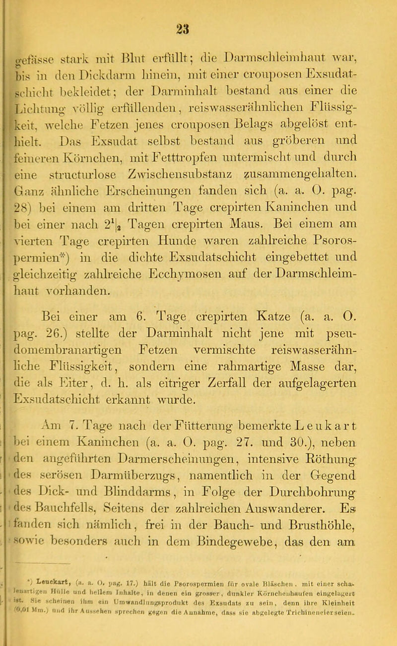 o-etasse stark mit lilnt erfüllt; die Darmsdileimliaiit Avar, bis in den Dickdarm hinein, mit einer cronposen Exsudat- sclnclit bekleidet; der Darminhalt bestand aus einer die Lichtung- völlig' ertüllenden, reiswasserähnlichen Flüssig- keit, Avelche Fetzen jenes crouposen Belags abgelöst ent- hielt. Das Exsudat selbst bestand aus gröberen und feineren Körnchen, mit Fetttropfen untermisclit und durch eine structurlose Zwischensubstanz zusammengehalten. Ganz ähnliche Erscheinungen fanden sich (a. a. 0. pag. 28) bei einem am dritten Tage crepirten Kaninchen und bei einer nach 2^|a Tagen crepirten Maus. Bei einem am Gerten Tage crepirten Hunde waren zahKeiche Psoros- permien*) in die dicdite Exsudatschicht eingebettet und gleichzeitig zahlreiche Ecchymosen auf der Darmschleim- haut A'orhanden. Bei einer am 6. Tage crepirten Katze (a. a. O. pag. 26.) stellte der Darminhalt nicht jene mit pseu- domembranai-tigen Fetzen vermischte reisAA'-asserähn- liche Flüssigkeit, sondern eine rahmartige Masse dar, die als Eiter, d. h. als eitriger Zerfall der aufgelagerten Exsudatschicht erkannt wurde. Am 7. Tage nach der Fütterung bemerkte L e u k a r t bei einem Kaninchen (a. a. 0. pag. 27. und 30.), neben den angeführten Darmerscheinungen, intensive Röthung des serösen Darmüberzugs, namentlich in der Gregend des Dick- und Blinddarms, in Folge der Dmchbohrung des Bauchfells, Seitens der zahlreichen Auswanderer. Es; fanden sich nämlich, frei in der Bauch- und Brusthöhle, sowie besonders auch in dem Bindegewebe, das den am Lenckart, (a. a. (), pag. 17.) halt die Psorospermien für ovale Bläschen, mit einer schai- lenartigeii Hnlle und hellem Inhalte, in denen ein grosser, dunkler Körncheiihaufen oingelageit ist. Sie scheinen ihm ein Umwandlungsprodnkt des Exsudats zu sein, denn ihre Kleinheit ■ 0,01 Mm.) lind ihr .Au.ssehcn Hprechcii gegen die Annahme, dass sie abgelegte Trichineneierseien»