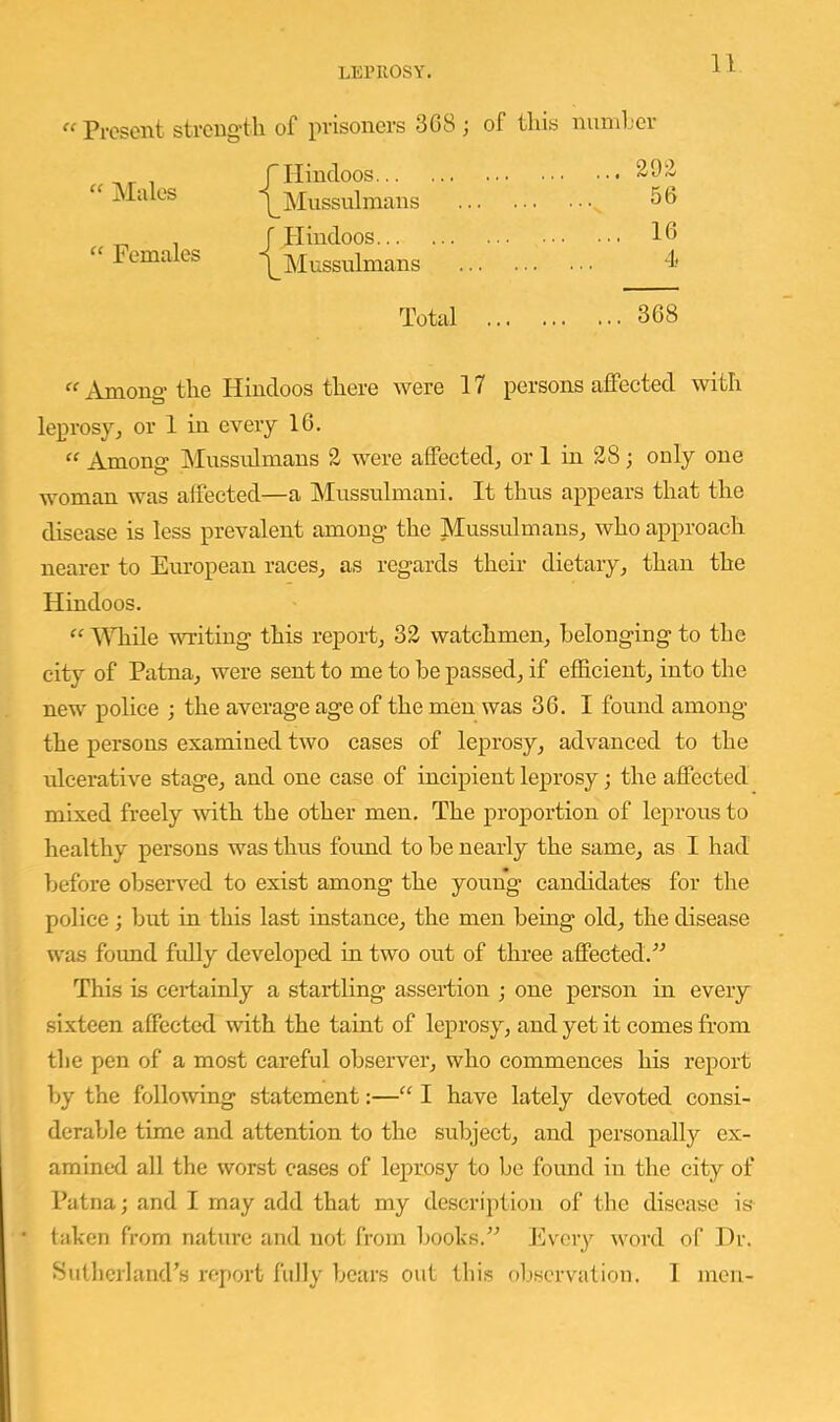  Present strength of prisoners 3C8 ; of this numl'er “ Males Females Total ... 368  Among the Hindoos there were 17 persons affected with leprosyj or 1 in every 16. “ Among Mussidmans 2 were affected^ or 1 in 28; only one woman was affected—a Mussulman!. It thus appears that the disease is less prevalent among the Mussulmans, who approach nearer to Em’opean races, as regards their dietary, than the Hindoos. “ 'tYhile m-iting this report, 32 watchmen, belonging to the city of Patna, were sent to me to be passed, if efficient, into the new police ; the average age of the men was 36. I found among the persons examined two cases of leprosy, advanced to the ulcerative stage, and one case of incipient leprosy; the affected mixed freely with the other men. The proportion of leprous to healthy persons was thus found to be nearly the same, as I had before observed to exist among the young candidates for the police; but in this last instance, the men being old, the disease was found fully developed in two out of three affected.'’'’ This is certainly a startling assertion ; one person in every sixteen affected with the taint of leprosy, and yet it comes from the pen of a most careful observer, who commences his report by the following statement:—“ I have lately devoted consi- derable time and attention to the subject, and personally ex- amined all the worst cases of leprosy to be found in the city of Patna; and I may add that my description of the disease is taken from nature and not from Ijooks.’^ Every word of Hr. Sutherland’s report fully bears out this observation. 1 men-