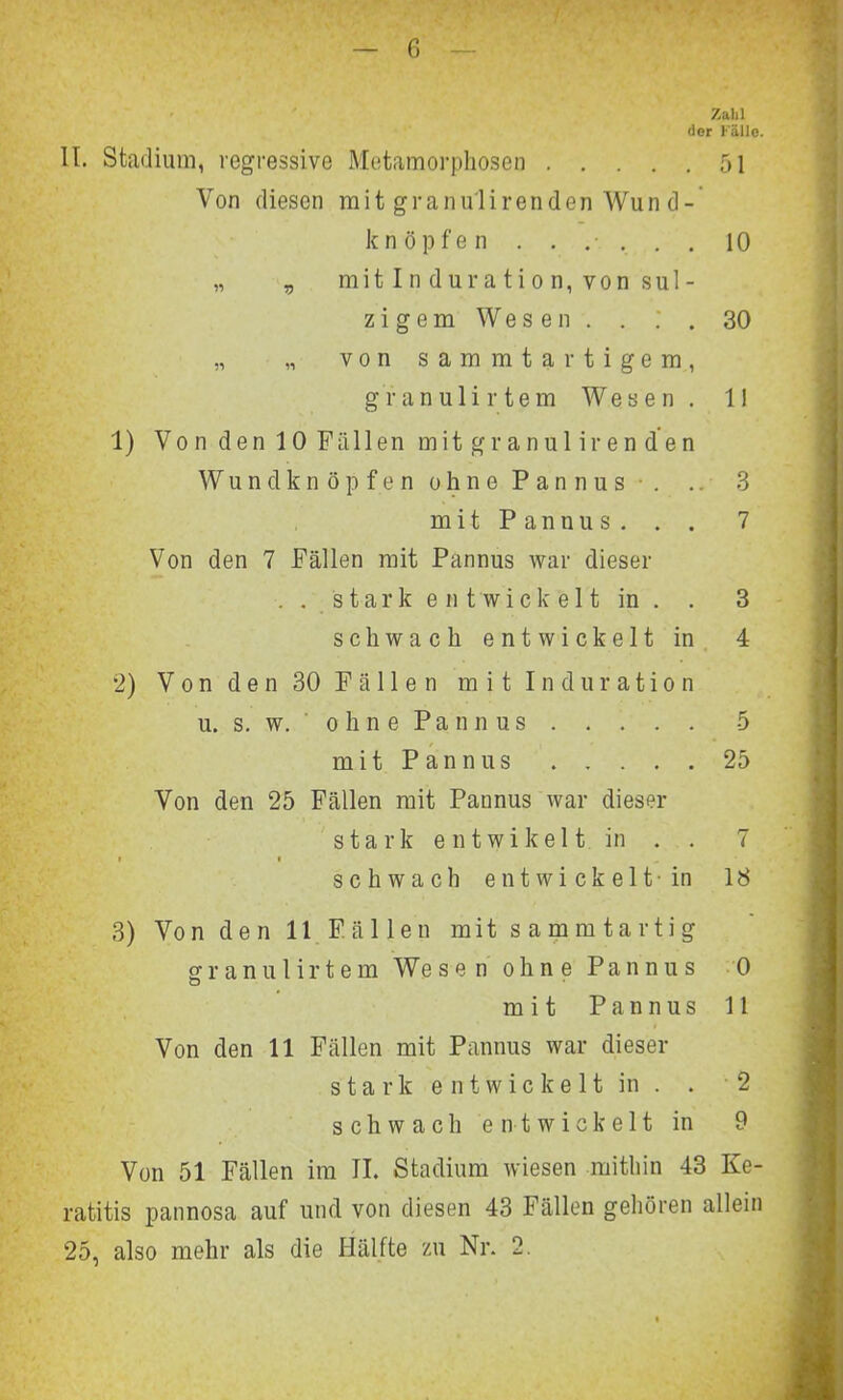 Zahl der Fälle. II. Stadium, regressive Metamorphosen 51 Von diesen mit granu'lirenden Wund- knöpfen . . . • . . . 10 „ , mitlnduration, von sul- zigem Wesen . . : . 30 „ „ von sammtar tigern, granulirtem Wesen . II 1) Vo n den 10 Fällen mit granulir enden Wundknöpfen ohne Pannus • . .. 3 mit P annu s . . . 7 Von den 7 Fällen mit Pannus war dieser . . stark e n t'wic'k'eit in . . 3 schwach entwickelt in 4 2) V o n d e n 30 F ä 11 e n mitlnduration u. s. w. ' ohne Pannus 5 mit Pannus 25 Von den 25 Fällen mit Pannus war dieser stark entwikelt in . . 7 i i schwach entwickelt-in 18 3) Von den 11 Fällen mitsammtartig srranulirtem Wesen ohne Pannus 0 mit Pannus 11 Von den 11 Fällen mit Pannus war dieser stark entwickelt in . . 2 schwach entwickelt in 9 Von 51 Fällen im II. Stadium wiesen mithin 43 Ke- ratitis pannosa auf und von diesen 43 Fällen gehören allein 25, also mehr als die Hälfte zu Nr. 2.