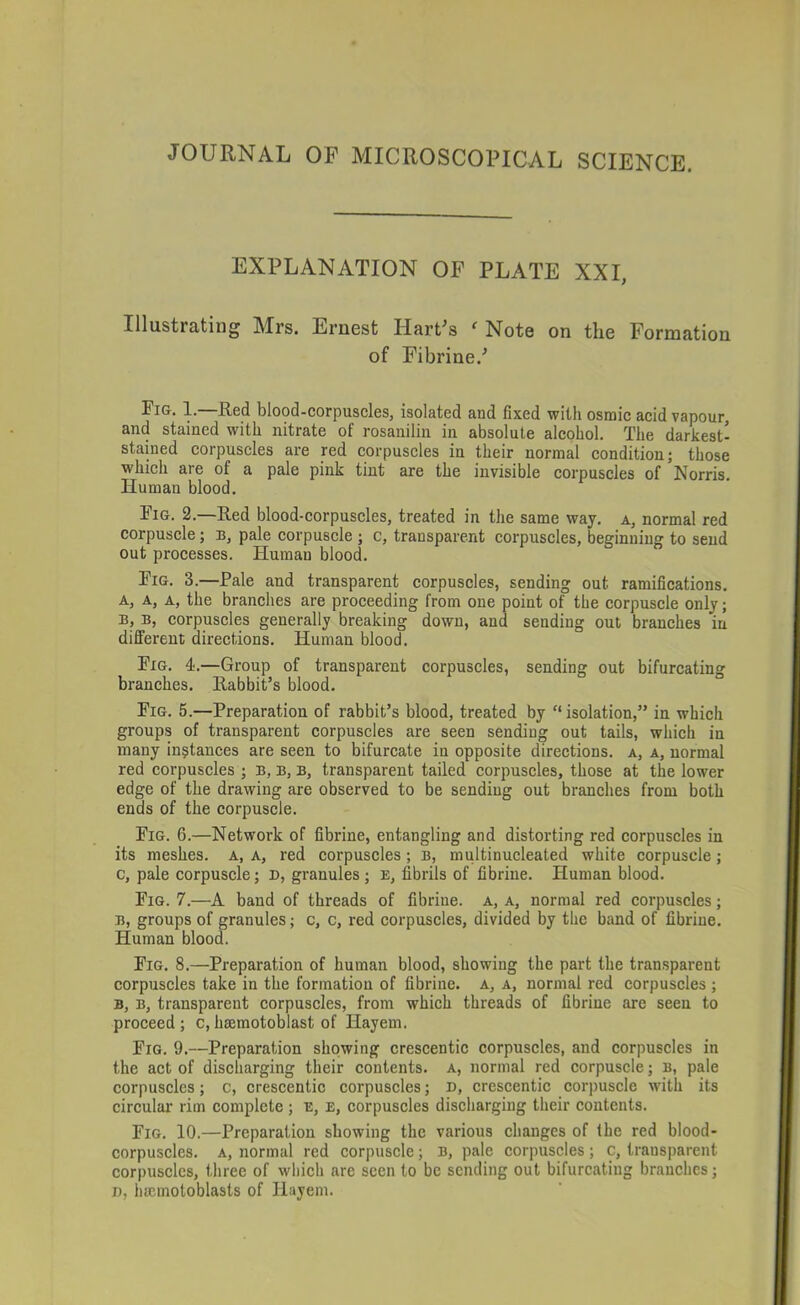 JOURNAL OF MICROSCOPICAL SCIENCE. EXPLANATION OF PLATE XXI, Illustrating Mrs. Ernest HarPs ^ Note on the Formation of Fibrine.^ Fig. L—Red blood-corpuscles, isolated and fixed with osmic acid vapour, and stained with nitrate of rosaiiilin in absolute alcohol. The darkest- stained corpuscles are red corpuscles in their normal condition; those which are of a pale pink tint are the invisible corpuscles of Norris. Human blood. Fig. 2.—Red blood-corpuscles, treated in the same way. a, normal red corpuscle; b, pale corpuscle ; c, transparent corpuscles, beginning to send out processes. Human blood. Fig. 3.—Pale and transparent corpuscles, sending out ramifications. A, A, A, the branches are proceeding from one point of the corpuscle only; B, B, corpuscles generally breaking down, and sending out branches iu different directions. Human blood. Fig. 4.—Group of transparent corpuscles, sending out bifurcating branches. Rabbit’s blood. Fig. 5.—Preparation of rabbit’s blood, treated by “ isolation,” in which groups of transparent corpuscles are seen sending out tails, which in many instances are seen to bifurcate in opposite directions, a, a, normal red corpuscles ; B, B, B, transparent tailed corpuscles, those at the lower edge of the drawing are observed to be sending out branches from both ends of the corpuscle. Fig. 6.—Network of fibrine, entangling and distorting red corpuscles in its meshes, a, a, red corpuscles; b, multinucleated white corpuscle; c, pale corpuscle; D, granules ; E, fibrils of fibrine. Human blood. Fig. 7.—A band of threads of fibrine. a, a, normal red corpuscles; B, groups of granules; c, c, red corpuscles, divided by the band of fibrine. Human blood. Fig. 8.—Preparation of human blood, showing the part the transparent corpuscles take in the formation of fibrine. a, a, normal red corpuscles ; B, B, transparent corpuscles, from which threads of fibrine are seen to proceed ; c, hmmotoblast of Hayem. Fig. 9.—Preparation showing crescentic corpuscles, and corpuscles in the act of discharging their contents, a, normal red corpuscle; b, pale corpuscles; c, crescentic corpuscles; d, crescentic corpuscle with its circulai- rim complete ; E, E, corpuscles discharging their contents. Fig. 10.—Preparation showing the various changes of the red blood- corpuscles. A, normal red corpuscle; B, pale corpuscles; c, transparent corpuscles, three of which are seen to be sending out bifurcating branches; D, iisemotoblasts of Hayem.