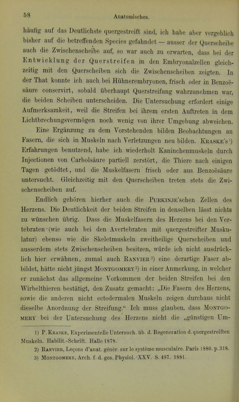 häufig «Ulf das Deutlichste quergestreift sind, icli habe alter vergeblich bisher auf die betreffenden Species gefahndet — ausser der Querscheibe auch die Zwischenscheibe auf, so war auch zu erwarten, dass bei der Entwicklung der Querstreifen in den Embryonalzellen gleich- zeitig mit den Querscheiben sich die Zwischenscheiben zeigten. In der Tliat konnte ich auch hei Hühnerembryonen, frisch oder in Benzoe- säure conservirt, sobald überhaupt Querstreifung wahrzunehmen war, die beiden Scheiben unterscheiden. Die Untersuchung erfordert einige Aufmerksamkeit, weil die Streifen bei ihrem ersten Auftreten in dem Lichtbrechungsvermögen noch wenig von ihrer Umgebung abweichen. Eine Ergänzung zu dem Vorstehenden bilden Beobachtungen an Fasern, die sich in Muskeln nach Verletzungen neu bilden. Kraske’s ') Erfahrungen benutzend, habe ich wiederholt Kaninchenmuskeln durch Injectionen von Carbolsäure partiell zerstört, die Thiere nach einigen Tagen getödtet, und die Muskelfasern frisch oder aus Benzoesäure untersucht. Gleichzeitig mit den Querscheiben treten stets die Zwi- schenscheiben auf. Endlich gehören hierher auch die PuRKiNjE’schen Zellen des Herzens. Die Deutlichkeit der beiden Streifen in denselben lässt nichts zu wünschen übrig. Dass die Muskelfasern des Herzens bei den Ver- tebraten • (wie auch bei den Avertebraten mit quergestreifter Musku- latur) ebenso wie die Skeletmuskeln zweitheilige Querscheiben und ausserdem stets Zwischenscheiben besitzen, würde ich nicht ausdrück- lich hier erwähnen, zumal auch Ranvier1 2) eine derartige Faser ab- bildet, hätte nicht jüngst Montgomery3) in einer Anmerkung, in welcher er zunächst das allgemeine Vorkommen der beiden Streifen bei den Wirbelthieren bestätigt, den Zusatz gemacht: „Die Fasern des Herzens, sowie die anderen nicht ectodermalen Muskeln zeigen durchaus nicht dieselbe Anordnung der Streifung.“ Ich muss glauben, dass Montgo- mery bei der Untersuchung des Herzens nicht die „günstigen Um- 1) P. Kraske, Experimentelle Untersuch, üb. d. Regeneration d. quergestreiften Muskeln. Habilit.-Schrift. Halle 1878. 2) Ranvier, Le^ons d’anat. gener. sur lc Systeme musculaire. Paris 1880. p.31S. 3) Montgomery, Arch. f d. ges. Physiol. XXV. S. 497. 1881.