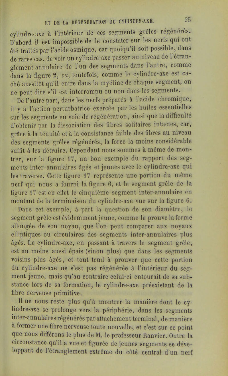 cylindre-axe à l’intérieur de ces segments grêles régénérés. D’abord il est impossible de le constater sur les nerfs qui ont été traités par l’acide osmique, car quoiqu’il soit possible, dans de rares cas, de voir un cylindre-axe passer au niveau de l’étran- glement annulaire de l’un des segments dans l’autre, comme dans la figure 2, ca, toutefois, comme le cylindre-axe est ca- ché aussitôt qu’il entre dans la myéline de chaque segment, on ne peut dire s’il est interrompu ou non dans les segments. De l’autre part, dans les nerfs préparés à l’acide chromique, il y a l’action perturbatrice exercée par les huiles essentielles sur les segments en voie de régénération, ainsi que la difficulté d’obtenir par la dissociation des fibres solitaires intactes, car, grâce (à la ténuité et à la consistance faible des fibres au niveau des segments grêles régénérés, la force la moins considérable suffit à les détruire. Cependant nous sommes à même de mon- trer, sur la figure 17, un bon exemple du rapport des seg- ments inter-annulaires âgés et jeunes avec le cylindre-axe qui les traverse. Cette figure 17 représente une portion du même nerf qui nous a fourni la figure 6, et le segment grêle de la figure 17 est en efiet le cinquième segment inter-annulaire en montant de la terminaison du cylindre-axe vue sur la figure 6. Dans cet exemple, à part la question de son diamètre, le segment grêle est évidemment jeune, comme le prouve la forme allongée de son noyau, que l’on peut comparer aux noyaux elliptiques ou circulaires des segments inter-annulaires plus âgés. Le cylindre-axe, en passant à travers le segment grêle, est au moins aussi épais (sinon plus) que dans les segments voisins plus âgés, et tout tend à prouver que cette portion du cylindre-axe ne s’est pas régénérée à l’intérieur du seg- ment jeune, mais qu’au contraire celui-ci entourait de sa sub- stance lors de sa formation, le cylindre-axe préexistant de la fibre nerveuse primitive. Il ne nous reste plus qu’à montrer la manière dont le cy- lindre-axe se prolonge vers la périphérie, dans les segments inter-annulaires régénérés par attachement terminal, de manière à former une fibre nerveuse toute nouvelle, et c’est sur ce point que nous différons le plus de M. le professeur Ranvier. Outre la circonstance qu il a vue et figurée de jeunes segments se déve- loppant de 1 étranglement extrême du côté central d’un nerf