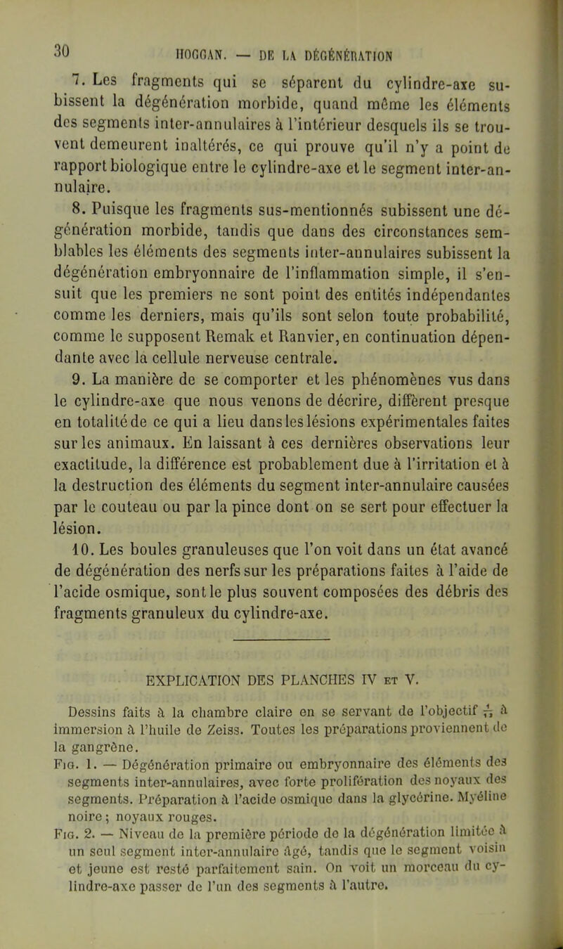 7. Les fragments qui se séparent du cylindre-axe su- bissent la dégénération morbide, quand même les éléments des segments inter-annulaires à l’intérieur desquels ils se trou- vent demeurent inaltérés, ce qui prouve qu’il n’y a point de rapport biologique entre le cylindre-axe et le segment inter-an- nulaire. 8. Puisque les fragments sus-mentionnés subissent une dé- génération morbide, tandis que dans des circonstances sem- blables les éléments des segments inter-annulaires subissent la dégénération embryonnaire de l’inflammation simple, il s’en- suit que les premiers ne sont point des entités indépendantes comme les derniers, mais qu’ils sont selon toute probabilité, comme le supposent Remak et Ranvier,en continuation dépen- dante avec la cellule nerveuse centrale. 9. La manière de se comporter et les phénomènes vus dans le cylindre-axe que nous venons de décrire, diffèrent presque en totalité de ce qui a lieu dans les lésions expérimentales faites sur les animaux. En laissant à ces dernières observations leur exactitude, la différence est probablement due à l’irritation et à la destruction des éléments du segment inter-annulaire causées par le couteau ou par la pince dont on se sert pour effectuer la lésion. 10. Les boules granuleuses que l’on voit dans un état avancé de dégénération des nerfs sur les préparations faites à l’aide de l’acide osmique, sont le plus souvent composées des débris des fragments granuleux du cylindre-axe. EXPLICATION DES PLANCHES IV et V. Dessins faits à la chambre claire en se servant de l’objectif f. immersion à l’huile de Eeiss. Toutes les préparations proviennent de la gangrène. Fio. 1. — Dégénération primaire ou embryonnaire des éléments des segments inter-annulaires, avec forte prolifération des noyaux des segments. Préparation à l’acide osmique dans la glycérine. Myéline noire; noyaux rouges. Fio. 2. — Niveau do la première période do la dégénération limitée h un seul segment inter-annulaire dgé, tandis que le segment voisin et jeune est resté parfaitement sain. On voit un morceau du cy- lindre-axe passer de l’un des segments h l’autre.