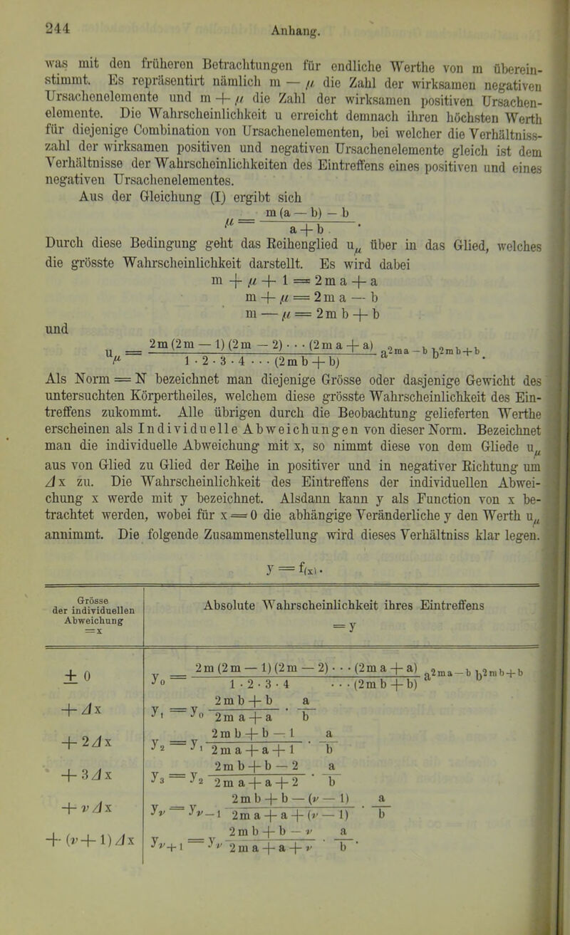 was mit den früheren Betrachtungen für endliche Werthe von m überein- stimint. Es repräsentirt nämlich m — //, die Zahl der wirksamen negativen XJrsachenelemente und m -f- // die Zahl der wirksamen positiven Ursachen- elomente. Die Wahrscheinlichkeit u erreicht demnach ihren höchsten Werth für diejenige Combination von Ursachenelomenten, bei welcher die Verhältniss- zahl der wirksamen positiven und negativen Ursachenelemente gleich ist dem Verhältnisse der Wahrscheinlichkeiten des Eintreffens eines positiven und eines negativen Ursachenelementes. Aus der Gleichung (I) ergibt sich m (a — b) — b = ^b~ • Durch diese Bedingung geht das Eeihenglied u^ über in das Glied, welches die grösste Wahrscheinlichkeit darstellt. Es wird dabei m -{-//+ l = 2ma-l-a m = 2 m a — b m — // = 2mb-|-b und _ 2m(2m — 1) (2m — 2) • • • (2m a a) 1 • 2.3 • 4 . . • (2mb + b) Als Norm = N bezeichnet man diejenige Grösse oder dasjenige Gewicht des untersuchten Körpertheiles, welchem diese grösste Wahrscheinlichkeit des Ein- treffens zukommt. Alle übrigen durch die Beobachtung gelieferten Werthe erscheinen als IndividuelleAbweichungen von dieser Norm. Bezeichnet man die individuelle Abweichung mit x, so nimmt diese von dem Gliede u^ aus von Glied zu Glied der Eeihe in positiver und in negativer Eichtung um z/x zu. Die Wahrscheinlichkeit des Eintreffens der individuellen Abwei- chung X werde mit y bezeichnet. Alsdann kann y als Function von x be- trachtet werden, wobei für x = 0 die abhängige Veränderliche y den Werth u^^ annimmt. Die folgende Zusammenstellung wird dieses Verhältniss klar legen. u. g^2ma—b ][j2mb + b y = f( (xl ' Grösse der indiTiduellen Abweichung Absolute Wahrscheinlichkeit ihres Eintreffens = y i 0 + zlx + 2zlx ' +3z/x -j- V/jx + (r-h l)z/x yo 2m(2m —l)(2m —2)- • •(2ma-|-a) ^^ma-b ij2mb+b y, =yo y2 = y. y3==y2 1 • 2 • 3 • 4 2m b b a 2m a + a b 2mh+b—1 (2 m b -|-b) a T a 1)‘ 2 m a -f- a -|- 1 2m b -j- b — 2 2 m a -|- a -(- 2 2mb-j-b — (p — 1) y^ = y^ _ 1 - 2 m a -l^a + (■;■ 2 m b b — 1' 1 ^ 2ma-|-a-j-’' a T