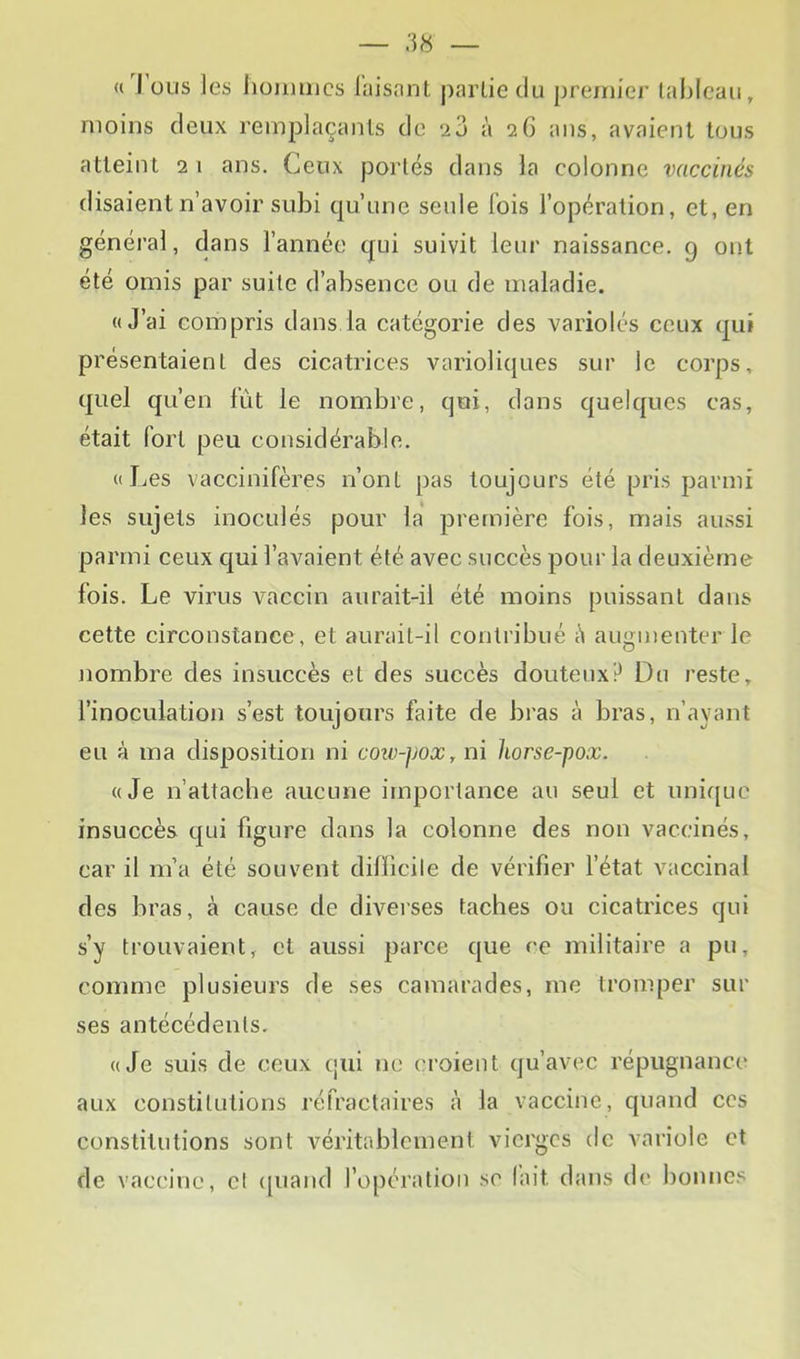 (i I üus les liüimiics luisnnt partie du pre/ïiier tableau, moins deux remplaçants de 20 à 26 ans, avaient tous atteint 2 1 ans. Ceux portés dans la colonne vaccinés disaient n’avoir subi qu’une seule fois l’opération, et, en général, dans l’année qui suivit leur naissanee. 9 ont été omis par suite d’absence ou de maladie. «J’ai compris dans la catégorie des variolés eeux qui présentaient des cicatrices varioliques sur le corps, quel qu’en fut le nombre, qui, dans quelques cas, était fort peu considérable. «I.es vaccinifères n’ont pas toujours été pris parmi les sujets inoculés pour la première fois, mais aussi parmi ceux qui l’avaient été avec succès pour la deuxième fois. Le virus vaccin aurait-il été moins puissant dans cette circonstance, et aurait-il contribué è augmenter le nombre des insuccès et des succès douteux? Du reste, l’inoculation s’est toujours faite de bras à bras, n’ayant eu à ma disposition ni cozv-jjox, ni horse-pox. «Je n’attache aucune importance au seul et unique insuccès qui figure dans la colonne des non vaccinés, car il m’a été souvent difïicile de vérifier l’état vaccinal des bras, à cause de diverses taches ou cicatrices qui s’y trouvaient, et aussi parce que ce militaire a pu, comme plusieurs de ses camarades, me tromper sur ses antécédents. «Je suis de ceux cjui ne (U'oieiit qu’avec répugnance aux constitutions réfractaires à la vaccine, quand ces constitutions sont véritablement vierges de variole et de vaccine, cl ipiand l’opération se lait dans de bonnes