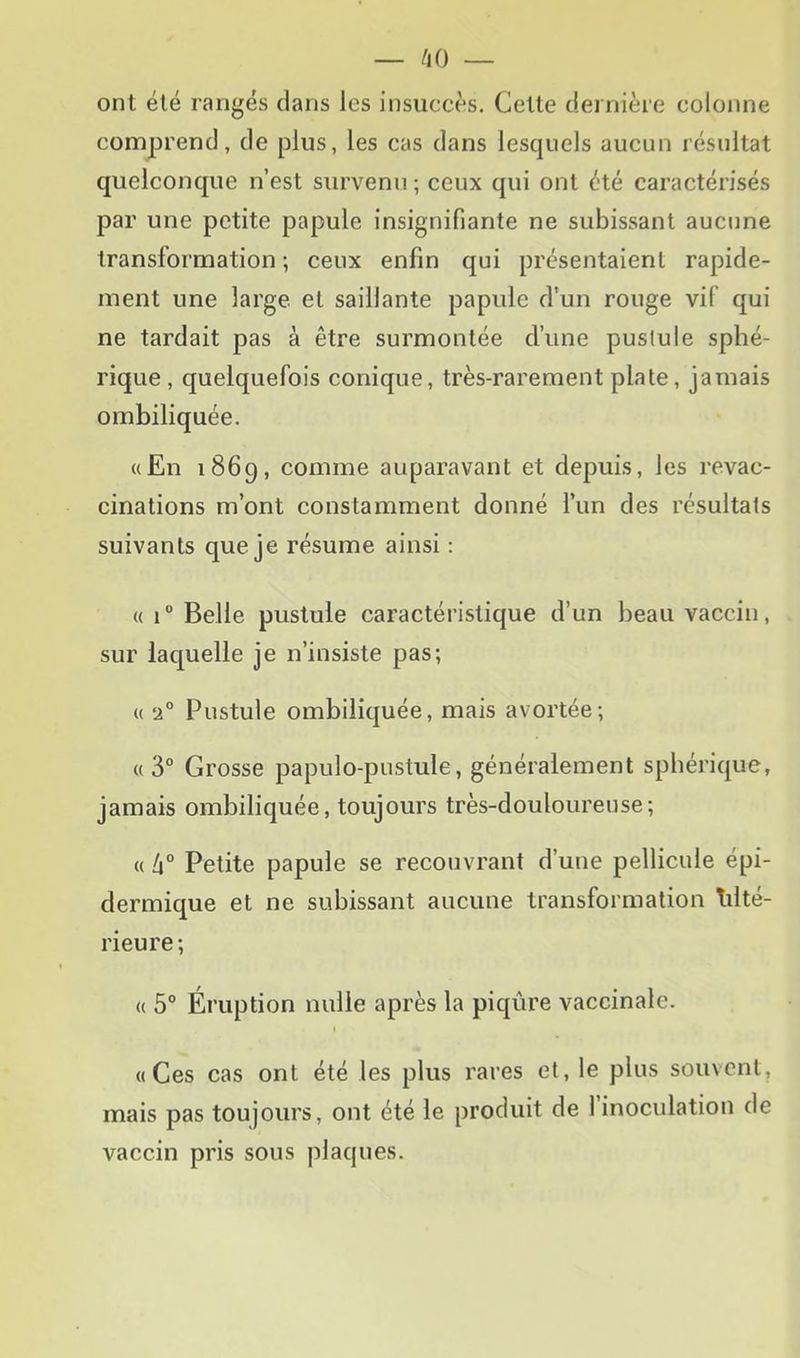 ont été rangés clans les insuccès. Celle dernière colonne comprend, de plus, les cas dans lescjuels aucun résultat quelconque n’est survenu ; ceux qui ont été caractérisés par une petite papule insignifiante ne subissant aucune transformation ; ceux enfin qui présentaient rapide- ment une large et saillante papule d'un rouge vif qui ne tardait pas à être surmontée d’une puslule sphé- rique , quelquefois conique, très-rarement plate, jamais ombiliquée. «En 1869, comme auparavant et depuis, les revac- cinations m’ont constamment donné l’iin des résultats suivants que je résume ainsi : « 1° Belle pustule caractéristique d’un beau vaccin, sur iac[uelle je n’insiste pas; « 2° Pustule ombiliquée, mais avortée; « 3° Grosse papulo-pustule, généralement spbéricjue, jamais ombiliquée, toujours très-douloureuse; « h° Petite papule se recouvrant d’une pellicule épi- dermique et ne subissant aucune transformation Tilté- rieure ; « 5° Éruption nulle après la piqûre vaccinale. I «Ces cas ont été les plus rares et, le plus souvent, mais pas toujours, ont été le produit de 1 inoculation de vaccin pris sous plaques.