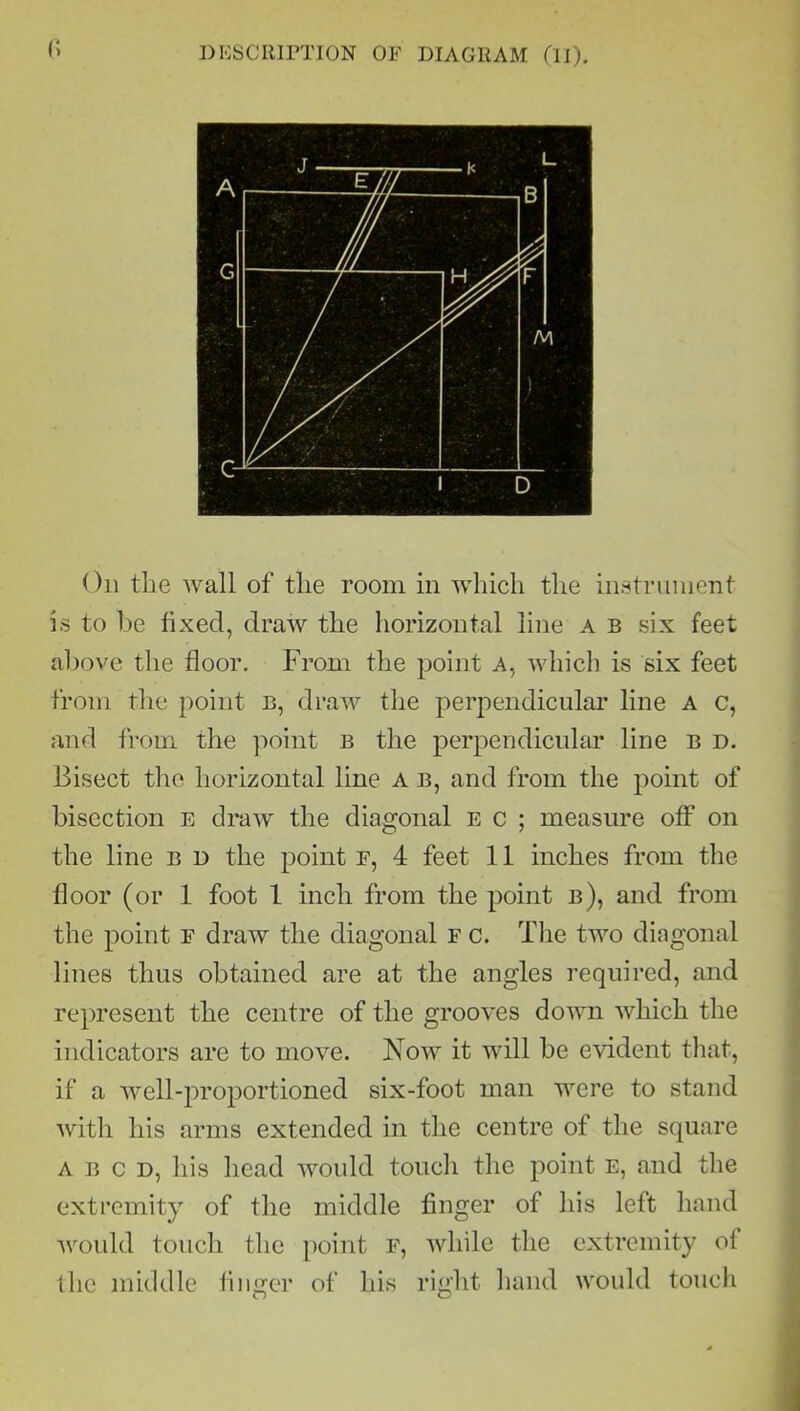 <; On the wall of tlie room in which the instrument is to be fixed, draw the horizontal line a b six feet above the floor. From the point a, which is six feet from the point b, draw the perpendicular line a c, and from the point b the perpendicular line b d. Bisect the horizontal line A b, and from the point of bisection e draw the diagonal e c ; measure off on the line b d the point f, 4 feet 11 inches from the floor (or 1 foot 1 inch from the point b), and from the point f draw the diagonal f c. The two diagonal lines thus obtained are at the angles required, and represent the centre of the grooves down which the indicators are to move. Now it will be evident that, if a well-proportioned six-foot man were to stand with his arms extended in the centre of the square A b c d, his head would touch the point e, and the extremity of the middle finger of his left hand would touch the point f, while the extremity of the middle linger of his right hand would touch