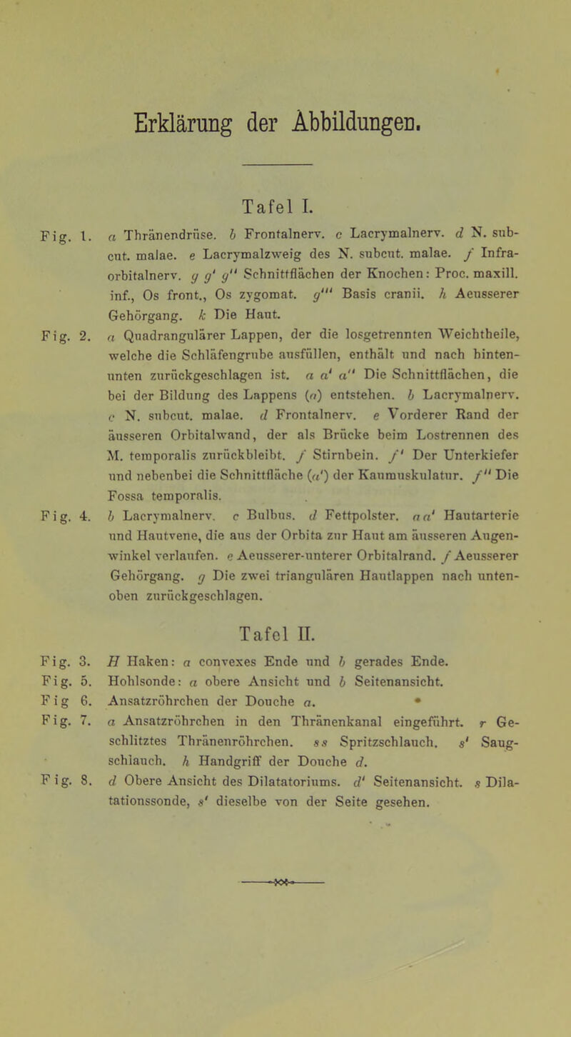 Erklärung der Abbildungen. Fig. 1 Fig. 2 Fig. 4 Fig. 3 Fig. 5 Fig 6 Fig. 7 Fig. 8 Tafel I. . rt Thränendrüse. h Frontalnerv, e Lacrymalnerv. d N. sub- cnt. malae. e Lacrymalzweig des N. subcnt. malae. f Infra- orbitalnerv. y g' y“ Schnittflächen der Knochen; Proc. maxill. inf., Os front., Os zygomat. g‘” Basis cranii. h Aensserer Gehörgang, k Oie Hant. . a Quadrangulärer Lappen, der die losgetrennten Weichtheile, welche die Schläfengrnbe ansfüllen, enthält und nach hinten- unten zurückgeschlagen ist. n a‘ o Die Schnittflächen, die bei der Bildung des Lappens (c/) entstehen, h Lacrynoalnerv. e N. subcut. malae. d Frontalnerv, e Vorderer Rand der äusseren Orbitalwand, der als Brücke beim Lostrennen des M. teinporalis zurückbleibt, j Stirnbein. /' Der Unterkiefer und nebenbei die Schnittfläche («') der Kaumnskulatur. f Die Fossa temporalis. b Lacrymalnerv. c Bulbus, d Fettpolster, an' Hautarterie und Hautvene, die aus der Orbita zur Hant am äusseren Augen- winkel verlaufen, e Aeusserer-unterer Orbitalrand. / Aeusserer Gehörgang, y Die zwei triangulären Hautlappen nach unten- oben zurückgeschlagen. Tafel II. . H Haken: a convexes Ende und h gerades Ende. . Hohlsonde: a obere Ansicht und b Seitenansicht. . Ansatzröhrchen der Douche a. • . a Ansatzröhrchen in den Thränenkanal eingeführt, r Ge- schlitztes Thränenröhrchen. ss Spritzschlauch. 5' Saug- schlauch. h Handgriff der Douche d. . d. Obere Ansicht des Dilatatoriums. d' Seitenansicht. .9 Dila- tationssonde, s' dieselbe von der Seite gesehen.