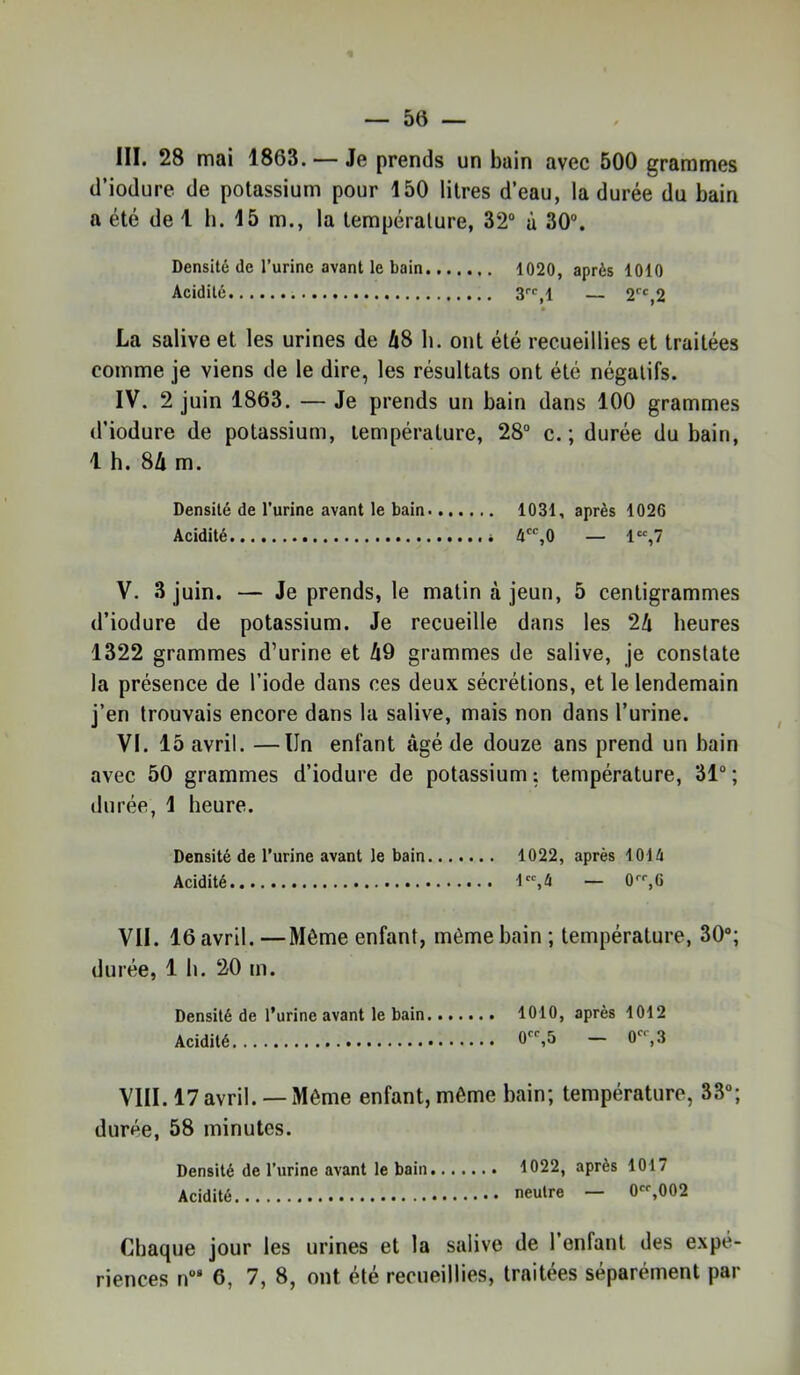 III. 28 mai 1863. — Je prends un bain avec 500 grammes d’iodure de potassium pour 150 litres d’eau, la durée du bain a été de 1 b. 15 m., la température, 32“ à 30“. Densité de l’urine avant le bain 1020, après 1010 Acidité 3,1 — 2,2 La salive et les urines de hS b. ont été recueillies et traitées comme je viens de le dire, les résultats ont été négatifs. IV. 2 juin 1863. — Je prends un bain dans 100 grammes d’iodure de potassium, température, 28“ c. ; durée du bain, 1 h. 8/i m. Densité de l’urine avant le bain 1031, après 1026 Acidité 4*“,0 — 1“,7 V. 3 juin. — Je prends, le matin cà jeun, 5 centigrammes d’iodure de potassium. Je recueille dans les 2/i heures 1322 grammes d’urine et A9 grammes de salive, je constate la présence de l’iode dans ces deux sécrétions, et le lendemain j’en trouvais encore dans la salive, mais non dans l’urine. VI. 15 avril. —Un enfant âgé de douze ans prend un bain avec 50 grammes d’iodure de potassium ; température, 31“ ; durée, 1 heure. Densité de l’urine avant le bain 1022, après 1014 Acidité — 0,G VII. 16 avril. —Môme enfant, môme bain ; température, 30*; durée, 1 h. 20 m. Densité de l’urine avant le bain 1010, après 1012 Acidité VIII. 17 avril. — Même enfant, même bain; température, 33“; durée, 58 minutes. Densité de l’urine avant le bain 1022, après 1017 Acidité neutre — 0,002 Chaque jour les urines et la salive de l’enfant des expé- riences n“‘ 6, 7, 8, ont été recueillies, traitées séparément par