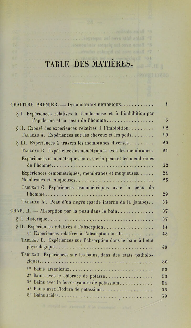 TABLE DES MATIÈRES CHAPITRE PREMIER.— Introduction historique 1 § I. Expériences relatives à l’endosmose et à l’imbibilion par Tépiderme et la peau de l’homme 5 §11. Exposé des expériences relatives à l’imbibilion 12 Tableau A. Expériences sur les cheveux et les poils 19 § III. Expériences à travers les membranes diverses 20 Tableau R. Expériences osmométriques avec les membianes. 21 Expériences osmométriques faites sur la peau et les membranes de l’homme 22 Expériences osmométriques, membranes et muqueuses 24 Membranes et muqueuses 25 Tableau C. Expériences osmométriques avec la peau de l’homme 29 Tableau A'. Peau d’un nègre (partie interne de la jambe). . 34 ClIAP. II. — Absorption par la peau dans le bain 37 §1. Historique 37 § H. Expériences relatives à l’absorption 41 1° Expériences relatives à l’absorption locale 48 Tableau D. Expériences sur l’absorption dans le bain à l’état physiologique 49 Tableau. Expériences sur les bains, dans des états patholo- giques 50 1“ Bains arsenicaux 63 2“ Bains avec le chlorure de potasse 53 3° Bains avec le ferro-cyanure de potassium 54 4° Bains avec l’iodure de potassium 65 5“ Bains acides 59 O