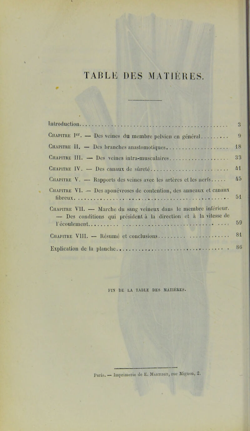 TAISLIi DES MATIERES. riitrocluctioii 3 CiiAPiTHE I®''. — Des veines du membre pelvien en f^énérul b CnAi’iTKE II. — Des branches anastomoliques 18 Chapitre III. — Des veines inlra-musculaires 33 Chapitre IV. — Des canaux de sûreté Chapitre V. — Rapports des veines avec les artères cl les nerfs ^5 Chapitre VI. — Des aponévroses de contention, des anneaux et canaux fibreux ûl Chapitre VII. — IMarche du sang veineux dans le membre inférieur. — Des condilioiis qui président à la direction et à la vitesse de récoulement Ch.\pitre VllI. — Résumé et conclusions. 81 Explication de la planche 8® rra DE LA taule des matières. Paris. — Imiirimcric de E. M.vutixkt, rue Wigiiou, 2.