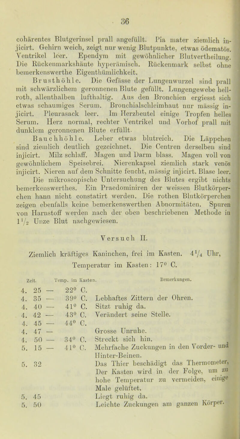 cohärentes Blutgeiünsel prall angelüllt. I'ia niater ziemlich in- jicirt. Gehirn weich, zeigt nur wenig ßlutpunkte, etwas öderaatös. Ventrikel leer. Ependyra mit gewöhnlicher Blntvertheilung. Die Rückenmarkshäute hyperämisch. Rückenmark seihst ohne bemerkenswerthe Eigenthümlichkeit. Brusthöhle. Die Gefässe der Lungenwurzel sind prall mit schwärzlichem geronnenen Blute gefüllt. Lungengewebe hell- roth, allenthalben lufthaltig. Aus den Bronchien ergiesst sich etwas schaumiges Serum. Brouchialschleimhaut nur raässig in- jicirt. Pleurasack leer. Im Herzbeutel einige Tropfen helles Serum. Herz normal, rechter Ventrikel und Vorhof prall mit dunklem geronnenen Blute erfüllt. Bauchhöhle. Leber etwas blutreich. Die Läppchen sind ziemlich deutlich gezeichnet. Die Centren derselben sind injicirt. Milz schlaff. Magen und Darm blass. Magen voll von gewöhnlichem Speisebrei. Nierenkapsel ziemlich stark venös injicirt. Nieren auf dem Schnitte feucht, mässig injicirt. Blase leer. Die mikroscopische Untersuchung des Blutes ergibt nichts bemerkenswerthes. Ein Praedominiren der weissen Blutkörper- chen haun nicht constatirt werden. Die rothen Blutköi’perchen zeigen ebenfalls keine bemerkenswerthen Abnormitäten. Spuren von Harnstoff werden nach der oben beschriebenen Methode in l'/o Unze Blut nachgewiesen. Versuch II. Ziemlich kräftiges Kaninchen, frei im Kasten. 4^/4 Uhr, Temperatur im Kasten: 17‘’ C. Zeit. Temp. im Kasten 4. 25 — 220 c. 4. 35 — 390 c. 4. 40 — 4P C. 4. 42 — 430 C. 4. 45 — 440 c. 4. 47 — 4. 50 — 340 c. 5. 15 — 4U C. 5. 32 .5. 45 5. 50 Bemerkungen. Lebhaftes Zittern der Ohren. Sitzt ruhig da. Verändert seine Stelle. Grosse Unruhe. Streckt sich hin. Mehrfache Zuckungen in den Vorder- und Hinter-Beinen. Das Thier beschädigt das Thermometer, Der Kasten wird in der Folge, um zu hohe Temperatur zu vermeiden, einige Male gelüftet. Liegt ruhig da. Leichte Zuckungen am ganzen Körper.