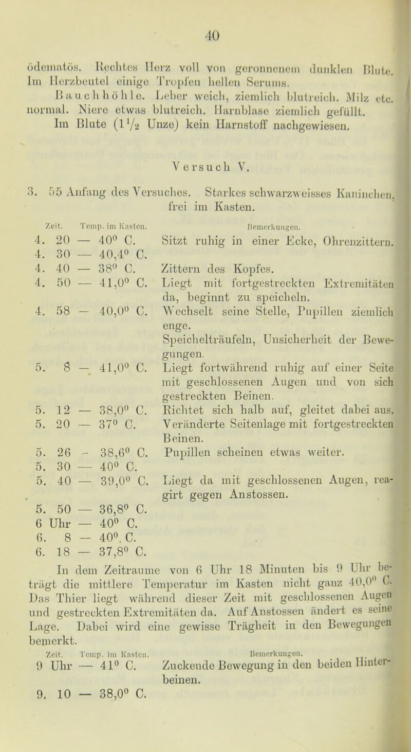 -lü ödüinaiö.s. Ucdit(!B llorz voll von geronnenem dunklen Blute, lin 1 lor/beutel einige 'rropl'en liellen Sei'uniH. Bau eh hü hie. Leber weich, ziemlich blulieich. Milz etc. normal. Niere etwas blutreich. Harnblase ziemlich gelullt. Iin Blute (IV2 Unzej kein HarnstolF na.chgewiesen. Versuch V. 3. 55 Anfang des Versuches. Starkes schwarzweisses Kaninchen, frei im Kasten. Zc'il. Tomp. im K;isten. 4. 20 - - 40« C. 4. 30 - - 40,4« c. 4. 40 - - 38« C. 4. 50 - 0 0 1 c. 4. 58 - - 40,0« c. 5. 8 - 41,0« C. 5. 12 — 38,0« C. 5. 20 — 37« C. 5. 26 - 38,6« C. 5. 30 — 40« C. 5. 40 — 39,0« C. 5. 50 — 36,8« C. 6 Uhr — 40« C. 6. 8 — 40«, C. 6. 18 — 37,8« C. Iipmcrlumi;en. Sitzt ruhig in einer Ecke, Ohrcnziltern. Zittern des Kopfes. Liegt mit fortgestreckten Exlremitäten da, beginnt zu speicheln. Wechselt seine Stelle, I’upilleii ziemlich enge. Speichelträufeln, Unsicherheit der Bewe- gungen. Liegt fortwährend ruhig auf einer Seite mit geschlossenen Augen und von sich gestreckten Beinen. Richtet sich halb auf, gleitet dahei aus. Veränderte Seitenlage mit fortgestreckten Beinen. Pujiillen scheinen etwas weiter. Ihegt da mit geschlossenen Augen, rea- girt gegen Anstossen. In dem Zeiträume von 6 Uhr 18 Minuten bis 9 Uhr be- trägt die mittlere Temperatur im Kasten nicht ganz 40,0« C. Bas Thier liegt während dieser Zeit mit geschlossenen Augen und gestreckten Extremitäten da. Auf Anstossen ändert es seine Lage. Dabei wird eine gewisse Trägheit in den Bewegungen bemerkt. Zeit. Temp. im Kasten. 9 Uhr — 41« C. üomorknngon. Zuckende Bewegung in den beiden llintei- bemen.