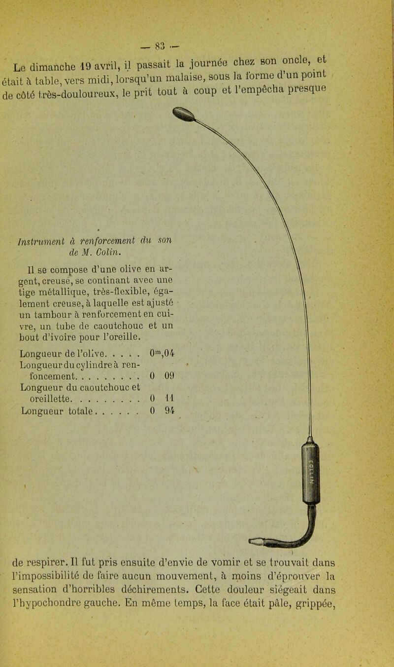 Lo dimanche 19 avril, il passait la .journée chez Bon oncle, et était à table, vers midi, lorsqu’un malaise, sous la l'orme d’un poin de côté très-douloureux, le prit tout à coup et l’empêcha presque Il se compose d’une olive, en ar- gent, creuse, se continant avec une tige métallique, très-flexible, éga- lement creuse, à laquelle est ajusté un tambour à renforcement en cui- vre, un tube de caoutchouc et un bout d’ivoire pour l’oreille. Longueur de l’olive 0m,04 Longueur du cylindre à ren- foncement 0 09 Longueur du caoutchouc et oreillette 0 11 Longueur totale 0 94 cle respirer. Il fut pris ensuite d’envie de vomir et se trouvait dans l’impossibilité de faire aucun mouvement, à moins d’éprouver la sensation d’horribles déchirements. Cette douleur siégeait dans l’hypochondre gauche. En même temps, la face était pale, grippée, Instrument à renforcement du son de M. Colin.