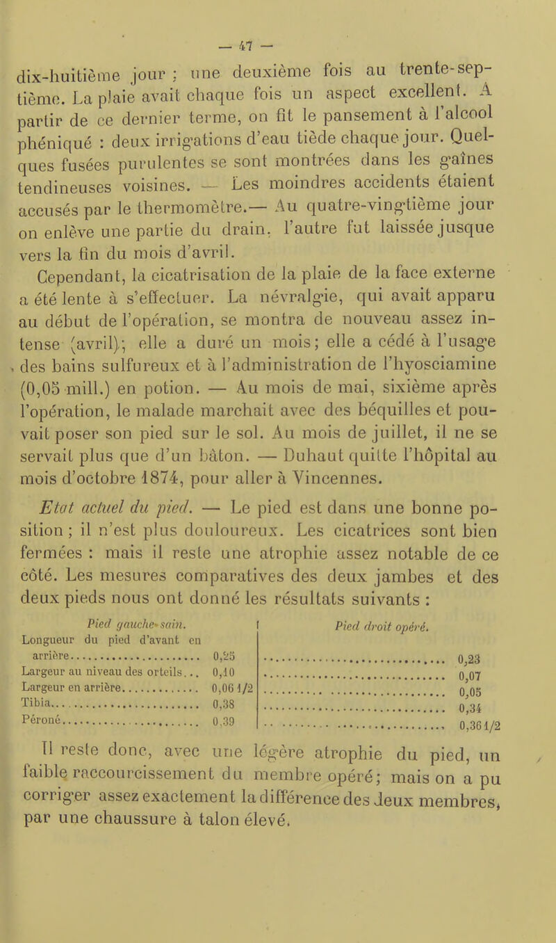 dix-huitième jour : une deuxième fois au trente-sep- tième. La plaie avait chaque fois un aspect excellent. A partir de ce dernier terme, on fit le pansement à 1 alcool phéniqué : deux irrig’ations d’eau tiède chaque jour. Quel- ques fusées purulentes se sont montrées dans les gaines tendineuses voisines. — Les moindres accidents étaient accusés par le thermomètre.— Au quatre-vingtième jour on enlève une partie du drain, l’autre fut laissée jusque vers la fin du mois d’avril. Cependant, la cicatrisation de la plaie de la face externe a été lente à s’effectuer. La névralgie, qui avait apparu au début de l’opération, se montra de nouveau assez in- tense (avril); elle a duré un mois; elle a cédé à fusage . des bains sulfureux et à l’administration de fhyosciamine (0,05 mill.) en potion. — Au mois de mai, sixième après l’opération, le malade marchait avec des béquilles et pou- vait poser son pied sur le sol. Au mois de juillet, il ne se servait plus que d’un bâton. — Duhaut quitte l’hôpital au mois d’octobre 1874, pour aller à Vincennes. Etat actuel du pied. — Le pied est dans une bonne po- sition ; il n’est plus douloureux. Les cicatrices sont bien fermées : mais il reste une atrophie assez notable de ce côté. Les mesures comparatives des deux jambes et des deux pieds nous ont donné les résultats suivants : Pied gauche* sain. Longueur du pied d’avant en arrière 0,‘25 Pied droit opéré. Largeur au niveau des orteils... 0,10 Largeur en arrière 0,061/2 Tibia 0,38 Péroné 0,39 11 reste donc, avec une légère atrophie du pied, un faible raccourcissement du membre opéré; mais on a pu corriger assez exactement la différence des deux membres* par une chaussure à talon élevé.
