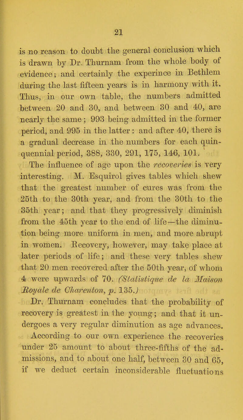 is no reason to doubt tlie general conclusion wbich is drawn by Dr. Thurnam from the whole body of evidence; and certainly the experince in Bethlem during the last fifteen years is in harmony with it. Thus, in our own table, the numbers admitted between 20 and 30, and between 30 and 40, are nearly the same; 993 being admitted in the former period, and 995 in the latter: and after 40, there is a gradual decrease in the numbers for each quin- quennial period, 388, 330, 291, 175, 146, 101. The influence of age upon the recoveries is very interesting. M. Esquirol gives tables which shew that the greatest number of cures was from tlie 25th to the 30th year, and from the 30th to the 35th year; and that they progressively diminish from the 45th year to the end of life—the diminu- tion being more uniform in men, and more abrupt in women. Becovery, however, may take place at later periods of life; and these very tables shew that 20 men recovered after the 50th year, of whom 4 were upwards of 70. (Statistique de la Maison 'Royale de Cliarenton^ jp. 135.j Dr. Thurnam concludes that the probability of recovery is greatest in the young; and that it un- dergoes a very regular diminution as age advances. According to our own experience the recoveries under 25 amount to about three-fifths of the ad- missions, and to about one half, between 30 and 65, if we deduct certain inconsiderable fluctuations