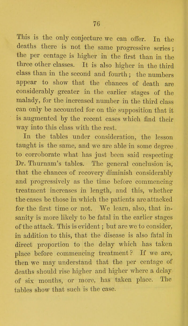 This is the only conjecture we can offer. In the deaths there is not the same progressive series; the per centage is higher in the first than in the three other classes. It is also higher in the third class than in the second and fourth j the numbers appear to show that the chances of death are considerably greater in the earlier stages of the malady, for the increased number in the third class can only be accounted for on the supposition that it is augmented by the recent cases which find their way into this class with the rest. In the tables under consideration, the lesson taught is the same, and we are able in some degree to corroborate what has just been said respecting Dr. Thurnam’s tables. The general conclusion is, that the chances of recovery diminish considerably and progressively as the time before commencing treatment increases in length, and this, whether the cases be those in which the patients are attacked for the first time or not. We learn, also, that in- sanity is more likely to be fatal in the earlier stages of the attack. This is evident; but are we to consider, in addition to this, that the disease is also fatal in direct proportion to the delay which has taken place before commencing treatment ? If we are, then we may understand that the j)er centage of deaths should rise higher and higher where a delay of six months, or more, has taken place. The tables show that such is the case.