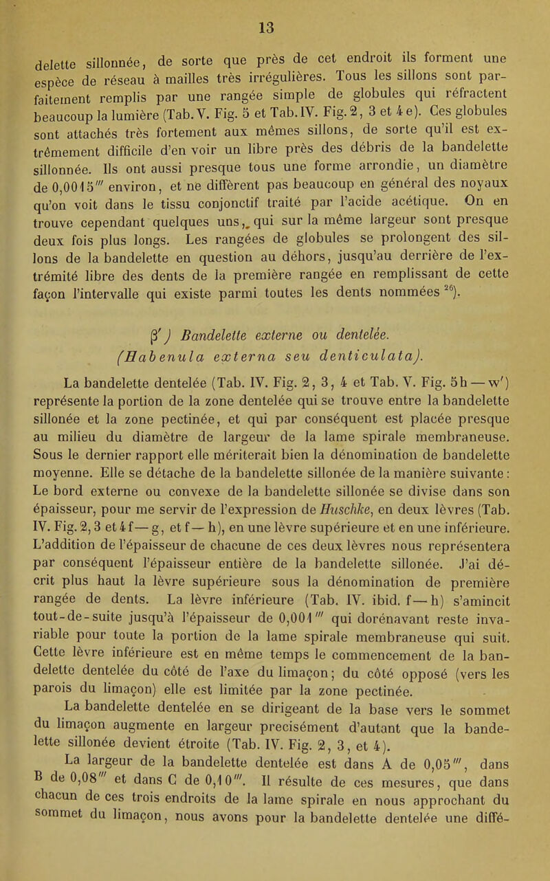 delette sillonnée, de sorte que près de cet endroit ils forment une espèce de réseau à mailles très irrégulières. Tous les sillons sont par- faitement remplis par une rangée simple de globules qui réfractent beaucoup la lumière (Tab.V. Fig. 5 et Tab.lV. Fig. 2, 3 et 4 e). Ces globules sont attachés très fortement aux mêmes sillons, de sorte qu’il est ex- trêmement difhcile d’en voir un libre près des débris de la bandelette sillonnée. Ils ont aussi presque tous une forme arrondie, un diamètre de 0,001.5' environ, et ne diffèrent pas beaucoup en général des noyaux qu’on voit dans le tissu conjonctif traité par l’acide acétique. On en trouve cependant quelques uns,,qui sur la même largeur sont presque deux fois plus longs. Les rangées de globules se prolongent des sil- lons de la bandelette en question au déhors, jusqu’au derrière de l’ex- trémité libre des dents de la première rangée en remplissant de cette façon l’intervalle qui existe parmi toutes les dents nommées J Bandelette externe ou dentelée. (H ah enula externa seu denticulataj. La bandelette dentelée (Tab. IV. Fig. 2, 3, 4 et Tab. V. Fig. 5h —w') représente la portion de la zone dentelée qui se trouve entre la bandelette sillonée et la zone pectinée, et qui par conséquent est placée presque au milieu du diamètre de largeur de la lame spirale membraneuse. Sous le dernier rapport elle mériterait bien la dénomination de bandelette moyenne. Elle se détache de la bandelette sillonée de la manière suivante : Le bord externe ou convexe de la bandelette sillonée se divise dans son épaisseur, pour me servir de l’expression de Huschke, en deux lèvres (Tab. IV. Fig.2,3 et4f— g, et f— h), en une lèvre supérieure et en une inférieure. L’addition de l’épaisseur de chacune de ces deux lèvres nous représentera par conséquent l’épaisseur entière de la bandelette sillonée. J’ai dé- crit plus haut la lèvre supérieure sous la dénomination de première rangée de dents. La lèvre inférieure (Tab. IV. ibid. f—h) s’amincit tout-de-suite jusqu’à l’épaisseur de 0,001' qui dorénavant reste inva- riable pour toute la portion de la lame spirale membraneuse qui suit. Cette lèvre inférieure est en même temps le commencement de la ban- delette dentelée du côté de l’axe du limaçon; du côté opposé (vers les parois du limaçon) elle est limitée par la zone pectinée. La bandelette dentelée en se dirigeant de la base vers le sommet du limaçon augmente en largeur précisément d’autant que la bande- lette sillonée devient étroite (Tab. IV. Fig. 2, 3, et 4). La largeur de la bandelette dentelée est dans A de 0,05', dans B de 0,08 et dans G de 0,10'. Il résulte de ces mesures, que dans chacun de ces trois endroits de la lame spirale en nous approchant du sommet du limaçon, nous avons pour la bandelette dentelée une diffé-