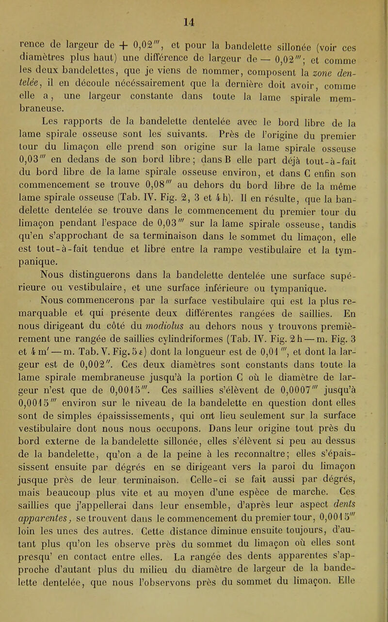 rence de largeur de + 0,02', et pour la bandelette sillonée (voir ces diamètres plus haut) une différence de largeur de— 0,02'; et comme les deux bandelettes, que je viens de nommer, composent la zone den- telée^ il en découle nécéssairement que la dernière doit avoir, comme elle a, une largeur constante dans toute la lame spirale mem- braneuse. Les rapports de la bandelette dentelée avec le bord libre de la lame spirale osseuse sont les suivants. Près de l’origine du premier tour du limaçon elle prend son origine sur la lame spirale osseuse 0,03' en dedans de son bord libre; dans B elle part déjà lout-à-fait du bord libre de la lame spirale osseuse environ, et dans C enfin son commencement se trouve 0,08' au dehors du bord libre de la même lame spirale osseuse (Tab. IV. Fig. 2, 3 et 4h). 11 en résulte, que la ban- delette dentelée se trouve dans le commencement du premier tour du limaçon pendant l’espace de 0,03' sur la lame spirale osseuse, tandis qu’en s’approchant de sa terminaison dans le sommet du limaçon, elle est lout-à-fait tendue et libré entre la rampe vestibulaire et la tym- panique. Nous distinguerons dans la bandelette dentelée une surface supé- rieure ou vestibulaire, et une surface inférieure ou tympanique. Nous commencerons par la surface vestibulaire qui est la plus re- marquable et qui présente deux différentes rangées de saillies. En nous dirigeant du côté du modiolus au dehors nous y trouvons premiè- rement une rangée de saillies cylindriformes (Tab. IV. Fig. 2 h — m. Fig. 3 et 4 m' — m. Tab. V. Fig. 5 5) dont la longueur est de 0,01 ', et dont la lar- geur est de 0,002. Ces deux diamètres sont constants dans toute la lame spirale membraneuse jusqu’à la portion G où le diamètre de lar- geur n’est que de 0,0015'. Ces saillies s’élèvent de 0,0007' jusqu’à 0,0015' environ sur le niveau de la bandelette en question dont elles sont de simples épaississements, qui ont lieu seulement sur la surface vestibulaire dont nous nous occupons. Dans leur origine tout près du bord externe de la bandelette sillonée, elles s’élèvent si peu au dessus de la bandelette, qu’on a de la peine à les reconnaître; elles s’épais- sissent ensuite par dégrés en se dirigeant vers la paroi du limaçon jusque près de leur terminaison. Celle-ci se fait aussi par dégrés, mais beaucoup plus vite et au moyen d’une espèce de marche. Ces saillies que j’appellerai dans leur ensemble, d’après leur aspect dents apparentes, se trouvent dans le commencement du premier tour, 0,0015' loin les unes des autres. Cette distance diminue ensuite toujours, d’au- tant plus qu’on les observe près du sommet du limaçon où elles sont presqu’ en contact entre elles. La rangée des dents apparentes s’ap- proche d’autant plus du milieu du diamètre de largeur de la bande- lette dentelée, que nous l’observons près du sommet du limaçon. Elle