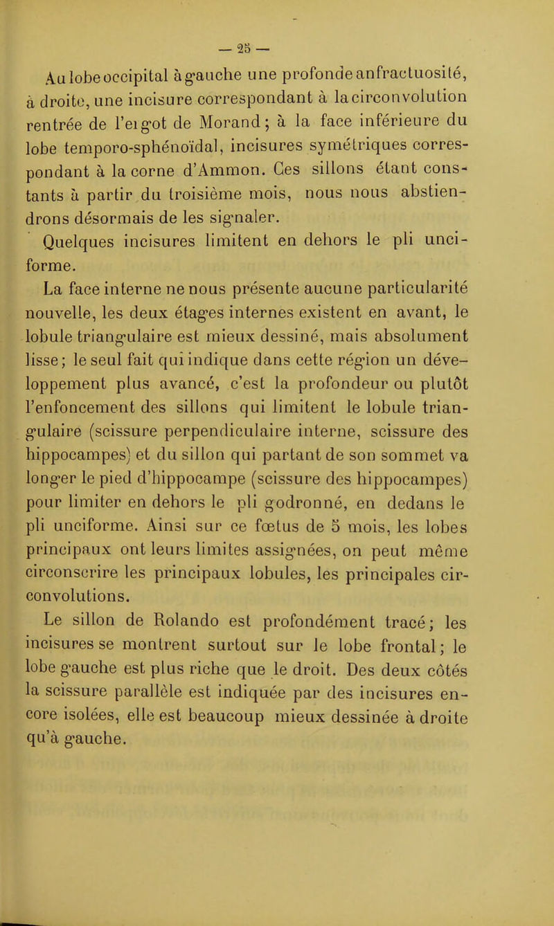 — 23 — Au lobe occipital àgauche une profonde anfractuosité, à droite, une incisure correspondant à la circonvolution rentrée de l’eigot de Morand; à la face inférieure du lobe temporo-sphénoïdal, incisures symétriques corres- pondant à la corne d’Ammon. Ces sillons étant cons- tants à partir du troisième mois, nous nous abstien- drons désormais de les signaler. Quelques incisures limitent en dehors le pli unci- forme. La face interne ne nous présente aucune particularité nouvelle, les deux étages internes existent en avant, le lobule triangulaire est mieux dessiné, mais absolument lisse; le seul fait qui indique dans cette région un déve- loppement plus avancé, c’est la profondeur ou plutôt l’enfoncement des sillons qui limitent le lobule trian- gulaire (scissure perpendiculaire interne, scissure des hippocampes) et du sillon qui partant de son sommet va longer le pied d’hippocampe (scissure des hippocampes) pour limiter en dehors le pli godronné, en dedans le pli unciforme. Ainsi sur ce fœtus de 5 mois, les lobes principaux ont leurs limites assignées, on peut môme circonscrire les principaux lobules, les principales cir- convolutions. Le sillon de Rolando est profondément tracé; les incisures se montrent surtout sur le lobe frontal; le lobe gauche est plus riche que le droit. Des deux côtés la scissure parallèle est indiquée par des incisures en- core isolées, elle est beaucoup mieux dessinée adroite qu à gauche.