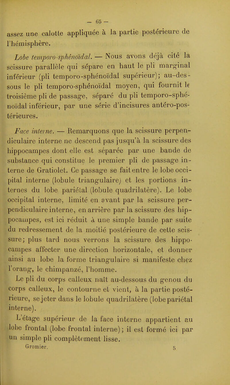 assez une calotte appliquée à la partie postérieure de l’hémisphère. Lobe temporo-sphénoïdal. — Nous avons déjà cité la scissure parallèle qui sépare en haut le pli marginal inférieur (pli temporo-sphénoïdal supérieur); au-des- sous le pli temporo-sphénoïdal moyen, qui fournit le troisième pli de passage, séparé du pli temporo-sphé- noïdal inférieur, par une série d’incisures antéro-pos- térieures. Face interne. — Remarquons que la scissure perpen- diculaire interne ne descend pas jusqu’à la scissure des hippocampes dont elle est séparée par une bande de substance qui constitue le premier pli de passage in- terne de Gratiolet. Ce passag’e se fait entre le lobe occi- pital interne (lobule triangulaire) et les portions in- ternes du lobe pariétal (lobule quadrilatère). Le lobe occipital interne, limité en avant par la scissure per- pendiculaire interne, en arrière par la scissure des hip- pocampes, est ici réduit à une simple bande par suite du redressement de la moitié postérieure de cette scis- sure; plus tard nous verrons la scissure des hippo- campes affecter une direction horizontale, et donner ainsi au lobe la forme triangulaire si manifeste chez l’orang, le chimpanzé, l’homme. Le pli du corps calleux naît au-dessous du genou du corps calleux, le contourne et vient, à la partie posté- rieure, se jeter dans le lobule quadrilatère (lobe pariétal interne). L étage supérieur de la face interne appartient au lobe frontal (lobe frontal interne); il est formé ici par un simple pli. complètement lisse. Gromier. 5
