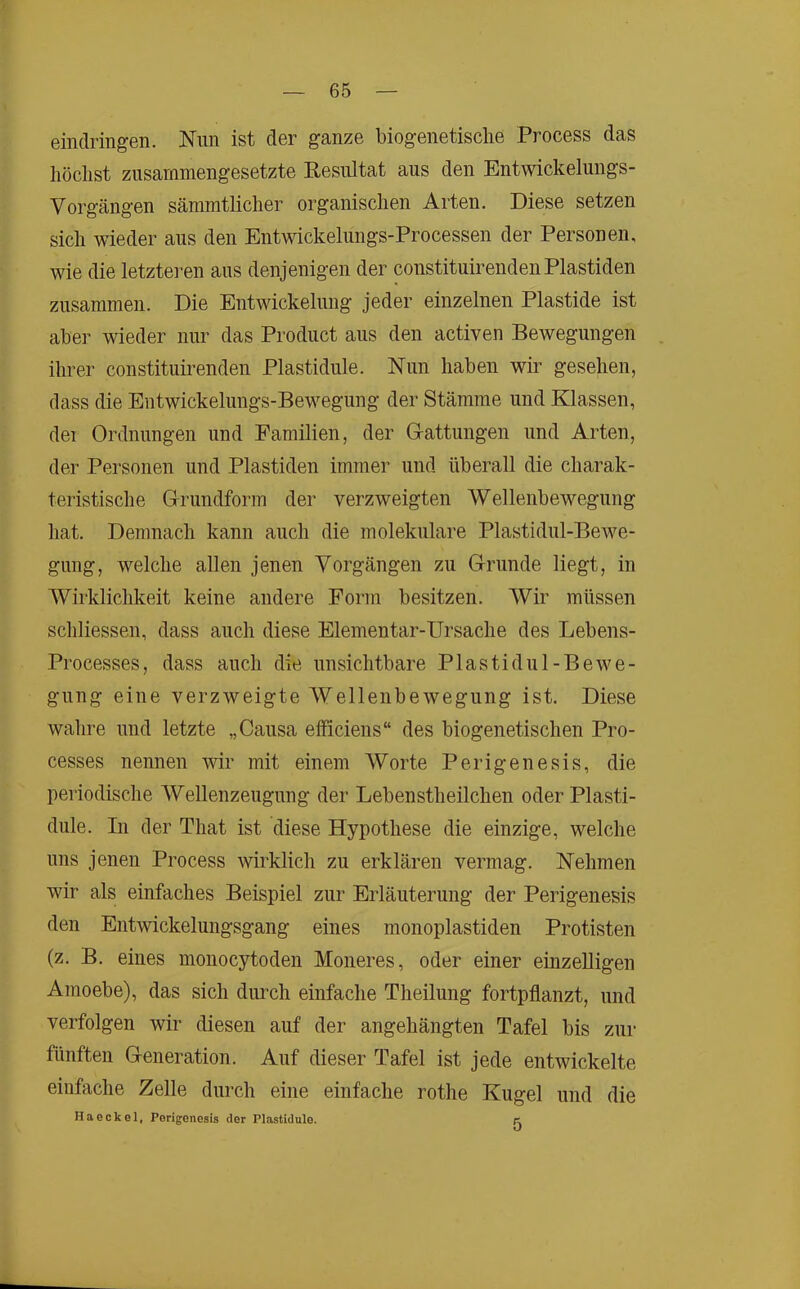 eindringen. Nim ist der ganze biogenetische Process das höchst zusammengesetzte Resultat aus den Entivickelungs- Vorgängen sämmtlicher organischen Arten. Diese setzen sich wieder aus den Entwickelungs-Processen der Personen, wie die letzteren aus denjenigen der constituirenden Plastiden zusammen. Die Entwickelung jeder einzelnen Plastide ist aber wieder nur das Product aus den activen Bewegungen ihrer constituirenden Plastidule. Nun haben wir gesehen, dass die Entwickelungs-Bewegung der Stämme und Klassen, dei Ordnungen und Familien, der Gattungen und Arten, der Personen und Plastiden immer und überall die charak- teristische Grundform der verzweigten Wellenbewegung hat. Demnach kann auch die molekulare Plastidul-Bewe- gung, welche allen jenen Vorgängen zu Grunde liegt, in Wirklichkeit keine andere Form besitzen. Wir müssen schliessen, dass auch diese Elementar-Ursache des Lebens- Processes, dass auch die unsichtbare Plastidul-Bewe- gung eine verzweigte Wellenbewegung ist. Diese wahre und letzte „Causa efficiens“ des biogenetischen Pro- cesses nennen wir mit einem Worte Perigenesis, die periodische Wellenzeugung der Lebenstheilchen oder Plasti- dule. In der That ist diese Hypothese die einzige, welche uns jenen Process wirklich zu erklären vermag. Nehmen wir als einfaches Beispiel zur Erläuterung der Perigenesis den Entwickelungsgang eines monoplastiden Protisten (z. B. eines monocytoden Moneres, oder einer einzelligen Amoebe), das sich durch einfache Theilung fortpflanzt, und verfolgen wir diesen auf der angehängten Tafel bis zur fünften Generation. Auf dieser Tafel ist jede entwickelte einfache Zelle durch eine einfache rothe Kugel und die Haeekel, Porigenesis der Plastidule. k