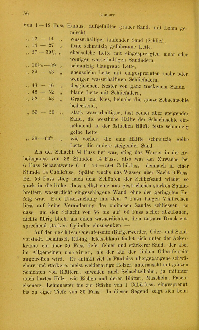 Von 1 — 12 Fuss Humus, aufgeflllltei- grauer Sand, mit Lehm ge- mischt, ” >’ vvasserhaltiger lautender Saud (Schlief), ” 27 „ teste schmutzig gelbbraune Lette, „ 27 30 V-, „ ebensolche Lette mit eingesprengten mehr oder „ 3ü>/2 —39 „ „ 39 - 43 „ ,, 43 — 46 „ „ 46 — 52 „ „ 52 — 53 „ weniger wasserhaltigen Sandadern, schmutzig hlaugraue Lette, ebensolche Lette mit eiugespreugten mehr oder weniger wasserhaltigen Schliefadern, desgleichen, Nester von ganz trockenem Sande, blaue Lette mit Schliefadern, Grand und Kies, beinahe die ganze Schachtsohle bedeckend, „ 53 — 56 „ stark wasserhaltiger, fast reiner aber steigender Saud, die westliche Hälfte der Schachtsohle ein- nehmend, in der östlichen Hälfte feste schmutzig gelbe Lette, .j 56 — 60% ,, wie vorher, die eine Hälfte schmutzig gelbe Lette, die andere steigender Sand. Als der Schacht 54 Fuss tief war, stieg das Wasser in der Ar- beitspause von 36 Stunden 14 Fuss, also war der Zuwachs bei 6 Fuss Schachtweite 6.6. 14 = 504 Cubikfuss, demnach in einer Stunde 14 Cubikfuss. Später wuchs das Wasser Uber Nacht 6 Fuss. Bei 56 Fuss stieg nach dem Schöpfen der Schliefsaud wieder so stark in die Höhe, dass selbst eine aus gestrichenen starken Spund- brettern wasserdicht eiugeschlageue Wand ohne den geringsten Er- folg war. Eine Untersuchung mit dem 7 Fuss laugen Visitireiseu Hess auf keine Veränderung des ominösen Sandes schliessen, so dass, um den Schacht von 56 bis auf 60 Fuss sicher abzubauen, nichts übrig blieb, als einen wasserdichten, dem äussern Druck ent- sprechend starken Cylinder einzusenken. — Auf der rechten Oderuferseite (Bürgerwerder, Oder- und Saud- vorstadt, Dominsel, Elbing, Kletschkau) findet sich unter der Acker- krume ein über 30 Fuss tiefer feiner und stärkerer Saud, der aber im Allgemeinen unreiner, als der aüf der linken Oderuferseite angetroffen wird. Er enthält viel in Fäulniss übergegangene schwä- chere und stärkere, meist weidenartige Hölzer, untermischt mit ganzen Schichten von Blättern, zuweilen auch Schachtelhalm, ja mitunter auch hartes Holz, wie Eichen und deren Blätter, Muscheln, Rasen- eisenerz, Lehmnester bis zur Stärke von 1 Cubikfuss, eingesprengt bis zu eitler Tiefe von 30 Fuss. In dieser Gegend zeigt sich beim