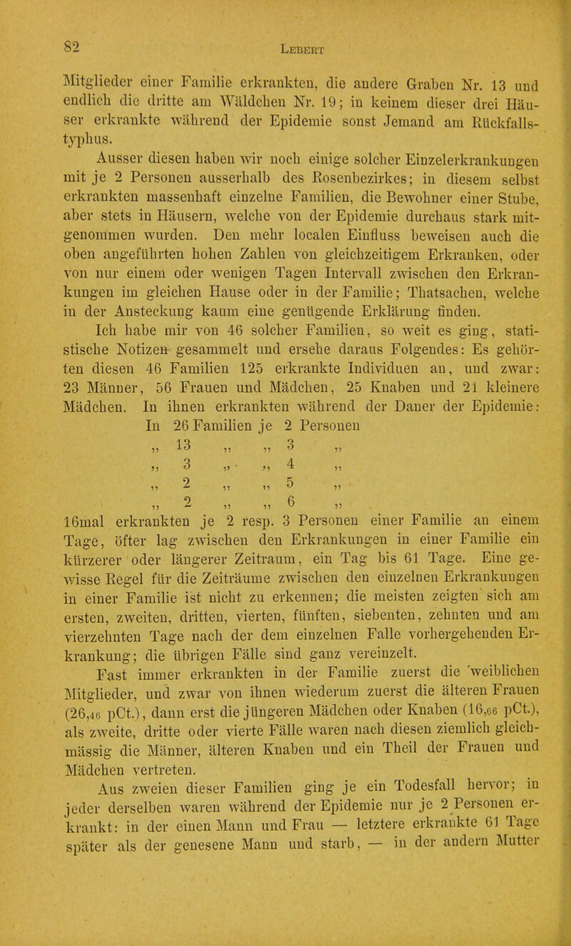 IMitglieder eiuer Familie erkrankten, die andere Graben Nr. 13 und endlich die dritte am Wäldchen Nr. 19; in keinem dieser drei Häu- ser erkrankte während der Epidemie sonst Jemand am RUckfalls- typhus. Ausser diesen haben wir noch einige solcher Einzelerkrankuugen mit je 2 Personen ausserhalb des Rosenbezirkes; in diesem selbst erkrankten massenhaft einzelne Familien, die Bewohner einer Stube, aber stets in Häusern, welche von der Epidemie durchaus stark mit- genommen wurden. Den mehr localen Einfluss beweisen auch die oben angeführten hohen Zahlen von gleichzeitigem Erkranken, oder von nur einem oder wenigen Tagen Intervall zwischen den Erkran- kungen im gleichen Hause oder in der Familie; Thatsachen, welche in der Ansteckung kaum eine genügende Erklärung finden. Ich habe mir von 46 solcher Familien, so weit es ging, stati- stische Notizen gesammelt und ersehe daraus Folgendes; Es gehör- ten diesen 46 Familien 125 erkrankte Individuen an, und zwar: 23 Männer, 56 Frauen und Mädchen, 25 Knaben und 21 kleinere Mädchen. In ihnen erkrankten während der Daner der Epidemie: In 26 Familien je 2 Personen 13 11 11 3 17 3 V ' 31 4 77 2 11 11 5 11 2 17 11 6 17 16mal erkrankten je 2 resp. 3 Personen einer Familie an einem Tage, öfter lag zwischen den Erkrankungen in einer Familie ein kürzerer oder längerer Zeitraum, ein Tag bis 61 Tage. Eine ge- wisse Regel für die Zeiträume zwischen den einzelnen Erkrankungen in einer Familie ist nicht zu erkennen; die meisten zeigten sich am ersten, zweiten, dritten, vierten, fünften, siebenten, zehnten und am vierzehnten Tage nach der dem einzelnen Falle vorhergehenden Er- krankung; die übrigen Fälle sind ganz vereinzelt. Fast immer erkrankten in der Familie zuerst die weiblichen IMitglieder, und zwar von ihnen wiederum zuerst die älteren Frauen (26,46 pCt.), dann erst die jüngeren Mädchen oder Knaben (16,g6 pCt), als zweite, dritte oder vierte Fälle waren nach diesen ziemlich gleich- mässig die Männer, älteren Knaben und ein Theil der Frauen und Mädchen vertreten. Aus zweien dieser Familien ging je ein Todesfall hervor; in jeder derselben waren während der Epidemie nur je 2 Personen er- krankt: in der einen Mann und Frau — letztere erkrankte 61 Tage später als der genesene Mann und starb, — in der andern Mutter