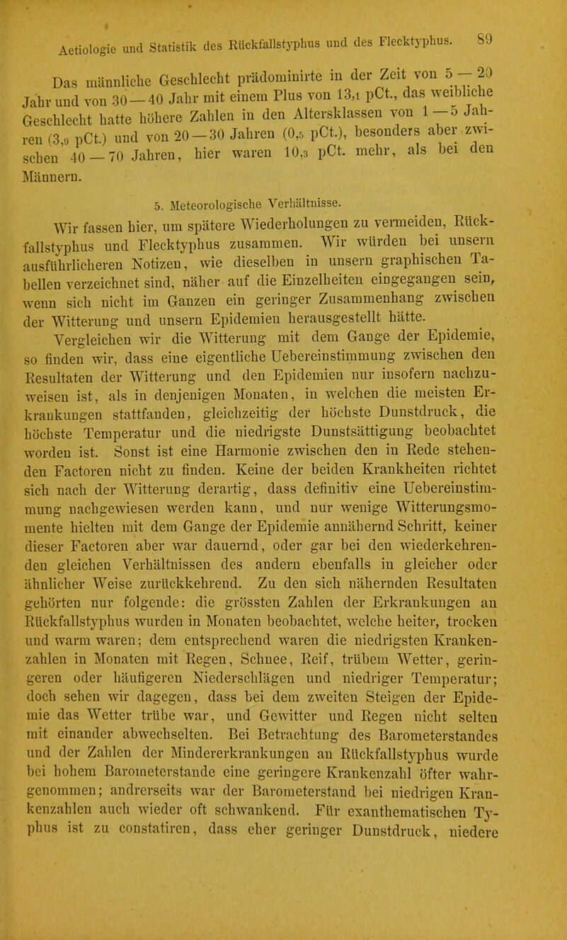 Das männliche Geschlecht prädominirte in der Zeit von 5 - ^ Jahr und von .30 — 40 Jahr mit einem Plus von 13,i pCt., das weibliche Geschlecht hatte höhere Zahlen in den Altersklassen 1-5 Jah- ren (3,9 pCt.) und von 20 — 30 Jahren (0,s pCt.), besonders aber zwi- schen 40 — 70 Jahren, hier waren 10,3 pCt. mehr, als bei den Männern. 5. Meteorologische Verliältnisse. Wir fassen hier, um spätere Wiederholungen zu vermeiden, Rück- fallstyphus und Flecktyphus zusammen. Wir würden bei unsern ausführlicheren Notizen, wie dieselben in unsern graphischen Ta- bellen verzeichnet sind, näher auf die Einzelheiten eingegangen sein, wenn sich nicht im Ganzen ein geringer Zusammenhang zwischen der Witterung und unsern Epidemien herausgestellt hätte. Vergleichen wir die Witterung mit dem Gange der Epidemie, so finden wir, dass eine eigentliche Uebereinstimmung zwischen den Resultaten der Witterung und den Epidemien nur insofern nachzu- weisen ist, als in denjenigen Monaten, in welchen die meisten Er- krankungen stattfauden, gleichzeitig der höchste Dunstdruck, die höchste Temperatur und die niedrigste Dunstsättigung beobachtet worden ist. Sonst ist eine Harmonie zwischen den in Rede stehen- den Factoren nicht zu finden. Keine der beiden Krankheiten richtet sich nach der Witterung derartig, dass definitiv eine Uebereinstim- mung nachgewiesen werden kann, und nur wenige Witterungsmo- mente hielten mit dem Gange der Epidemie annähernd Schritt, keiner dieser Factoren aber Avar dauernd, oder gar bei den wiederkehren- den gleichen Verhältnissen des andern ebenfalls in gleicher oder ähnlicher Weise zurückkehrend. Zu den sich nähernden Resultaten gehörten nur folgende: die grössten Zahlen der Erkrankungen an Rückfallstyphus wurden in Monaten beobachtet, Avelche heiter, trocken und warm waren; dem entsprechend waren die niedrigsten Kranken- zahlen in Monaten mit Regen, Schnee, Reif, trübem Wetter, gerin- geren oder häufigeren Niederschlägen und niedriger Temperatur; doch sehen wir dagegen, dass bei dem zweiten Steigen der Epide- mie das Wetter trübe Avar, und GeAvitter und Regen nicht selten mit einander abwechselten. Bei Betrachtung des Barometerstandes und der Zahlen der Mindererkrankungen an Rückfallstyphus wurde bei hohem Barometerstände eine geringere Krankenzahl öfter wahr- genomnien; andrerseits Avar der Barometerstand bei niedrigen Kran- kenzahlen auch wieder oft schAvankend. Für exanthematischen Ty- phus ist zu constatiren, dass eher geringer Dunstdruck, niedere