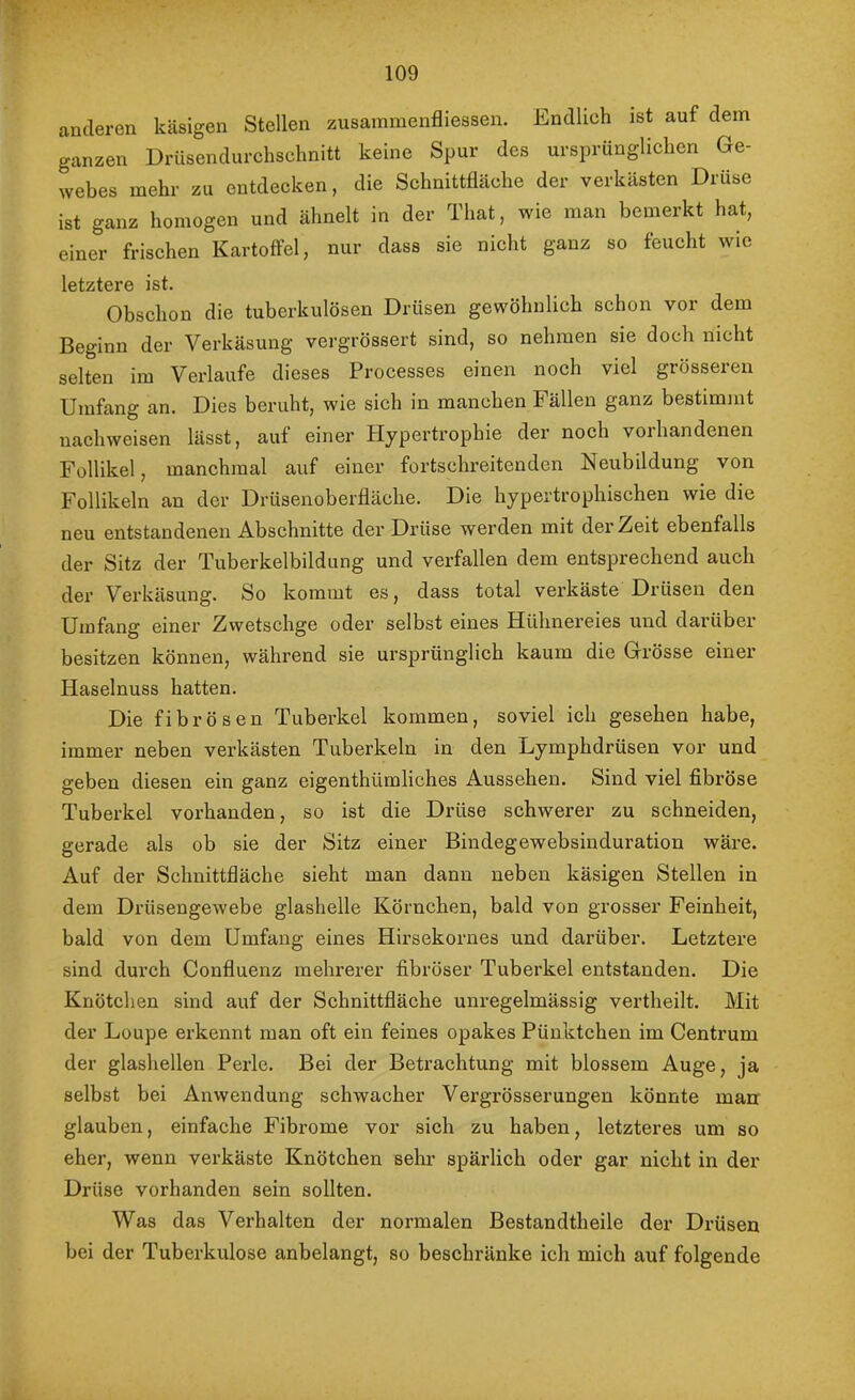 cancleren käsigen Stellen zusammenfliessen. Endlich ist auf dem ganzen Drüsendurchschnitt keine Spur des ursprünglichen Ge- webes mehr zu entdecken, die Schnittfläche der verkästen Drüse ist ganz homogen und ähnelt in der That, wie man bemerkt hat, einer frisehen Kartoffel, nur dass sie nicht ganz so feucht wie letztei'e ist. Obschon die tuberkulösen Drüsen gewöhnlich schon vor dem Beginn der Verkäsung vergrössert sind, so nehmen sie doch nicht selten im Verlaufe dieses Processes einen noch viel grösseren Umfang an. Dies beruht, wie sich in manchen Fällen ganz bestimmt naehweisen lässt, auf einer Plypei’trophie der noeh voihandenen Follikel, manchmal auf einer fortschreitenden Neubildung von Follikeln an der Drüsenoberfläche. Die hypertrophischen wie die neu entstandenen Abschnitte der Drüse werden mit der Zeit ebenfalls der Sitz der Tuberkelbildung und verfallen dem entsprechend auch der Verkäsung. So kommt es, dass total verkäste Drüsen den Umfang einer Zwetschge oder selbst eines Hühnereies und darüber besitzen können, während sie ursprünglich kaum die Grösse einer Haselnuss hatten. Die fibrösen Tuberkel kommen, soviel ich gesehen habe, immer neben verkästen Tuberkeln in den Lymphdrüsen vor und geben diesen ein ganz eigenthümliches Aussehen. Sind viel fibröse Tuberkel vorhanden, so ist die Drüse schwerer zu schneiden, gerade als ob sie der Sitz einer Bindegewebsinduration wäre. Auf der Schnittfläche sieht man dann neben käsigen Stellen in dem Drüsengewebe glashelle Körnchen, bald von grosser Feinheit, bald von dem Umfang eines Hirsekornes und darüber. Letztere sind durch Confluenz mehrerer fibröser Tuberkel entstanden. Die Knötchen sind auf der Schnittfläche unregelmässig vertheilt. Mit der Loupe erkennt man oft ein feines opakes Pünktchen im Centrum der glashellen Pei’le. Bei der Betrachtung mit blossem Auge, ja selbst bei Anwendung schwacher Vergrösserungen könnte man glauben, einfache Fibrome vor sich zu haben, letzteres um so eher, wenn verkäste Knötchen sehr spärlieh oder gar nicht in der Drüse vorhanden sein sollten. Was das Verhalten der normalen Bestandtheile der Drüsen bei der Tuberkulose anbelangt, so beschränke ich mich auf folgende