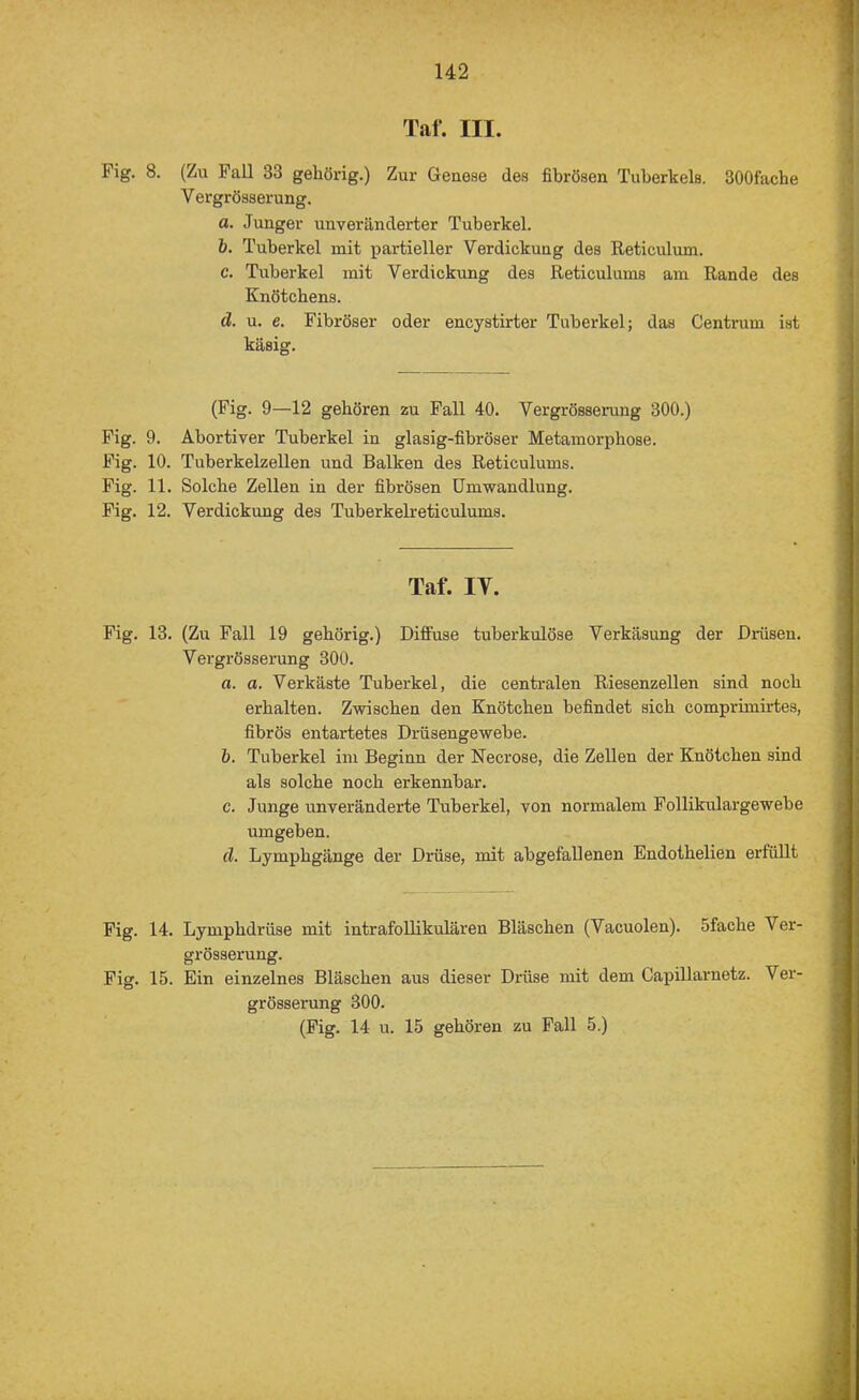 Taf. III. Fig. 8. (Zu Fall 33 gehörig.) Zur Genese des fibrösen Tuberkels. SOOfache Vergrösserung. o. Junger unveränderter Tuberkel. b. Tuberkel mit partieller Verdickung des Reticulum. c. Tirberkel mit Verdickung des Reticulums am Rande des Knötchens. d. u. e. Fibröser oder encystirter Tuberkel; das Centrum ist käsig. (Fig. 9—12 gehören zu Fall 40. Vergrösserung 300.) Fig. 9. Abortiver Tuberkel in glasig-fibröser Metamorphose. Fig. 10. Tuberkelzellen und Balken des Reticulums. Fig. 11. Solche Zellen in der fibrösen Umwandlung. Fig. 12. Verdickung des Tuberkelreticulums. Taf. lY. Fig. 13. (Zu Fall 19 gehörig.) Diffuse tuberkulöse Verkäsung der Drüsen. Vergrösserung 300. a. a. Verkäste Tuberkel, die centralen Riesenzellen sind noch erhalten. Zwischen den Knötchen befindet sich comprimirtes, fibrös entartetes Drüsengewebe. b. Tuberkel im Beginn der Necrose, die Zellen der Knötchen sind als solche noch erkennbar. c. Junge unveränderte Tuberkel, von normalem Follikulargewebe umgeben. d. Lymphgänge der Drüse, mit abgefallenen Endothelien erfüllt Fig. 14. Lymphdrüse mit intrafollikulären Bläschen (Vacuolen). Sfache Ver- grösserung. Fig. 15. Ein einzelnes Bläschen aus dieser Drüse mit dem Capillarnetz. Ver- grösserung 300. (Fig. 14 u. 15 gehören zu Fall 5.)