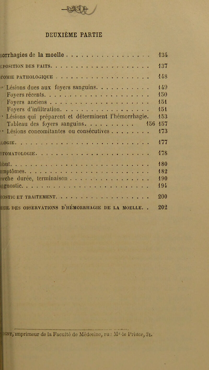 DEUXIÈME PARTIE orrhagies de la moelle 134 POSITION DES FAITS 137 TOME PATHOLOGIQUE 148 ■ Lésions dues aux foyers sanguins 4 49 Foyers récents 150 Foyers anciens loi Foyers d’infiltration 151 * Lésions qui préparent et déterminent l’hémorrhagie. 153 Tableau des foyers sanguins 156 157 • Lésions concomitantes ou consécutives 173 .OGIE 177 TOMATOLOGIE. . , 178 but 4 80 nmptômes 4 82 rche durée, terminaison 190 i.gnostic 194 iODSTIC ET TRAITEMENT 200 EÏILDES OBSERVATIONS D’HÉMORRHAGIE DE LA MOELLE. . 202 LNTj'imprimeur de la Faculté de Médecine, ru: AI‘•le Prince, 3i.